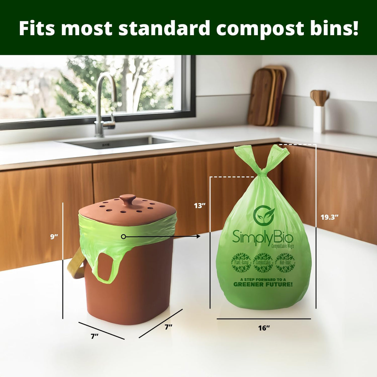 Simply Bio 1.6 Gallon Compostable Trash Bags Liners Handle, Heavy Duty Extra Thick 0.6 Mil, 6.06