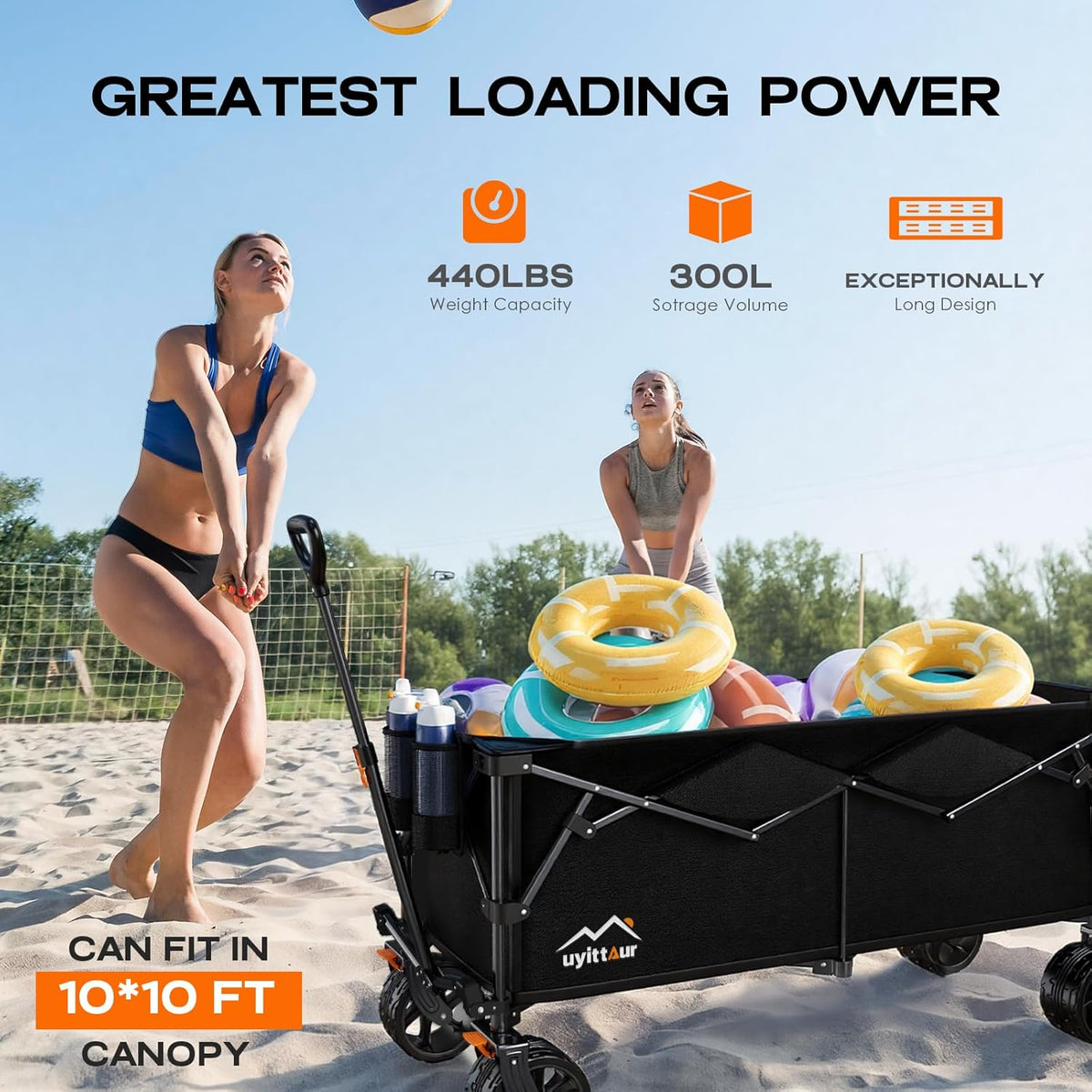 300L Extra Large Collapsible Foldable Wagon, 440lbs Load Capacity 48''L Extended Heavy Duty Folding