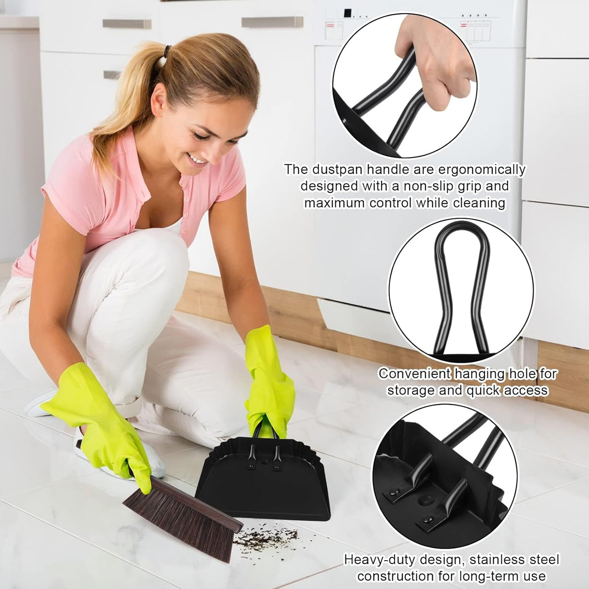 Dust Pan and Brush Set-Handheld Angled DustPan and Hand Broom Set, Large dust pan with handle,Heavy
