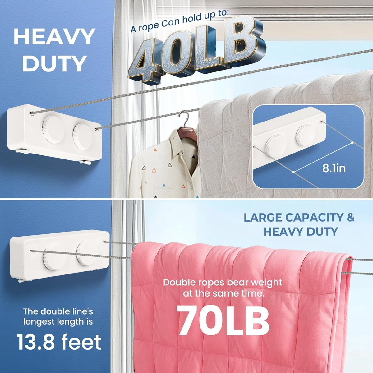 Retractable Clothesline Indoor Outside Heavy-Duty, Upgrade 304 Double Stainless Steel Shower Room