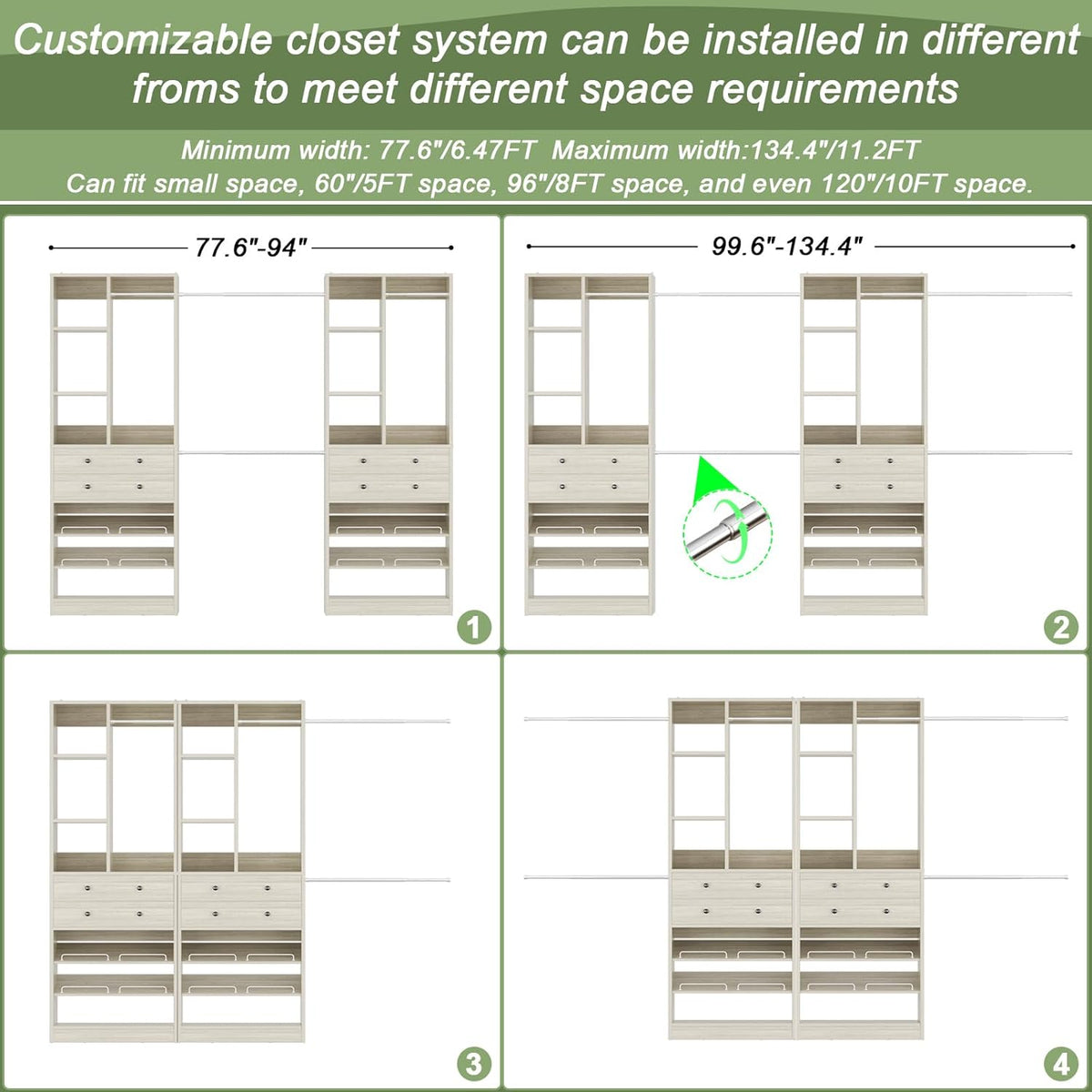 Closet System, Up to 134"/11.2 FT Closet Organizer with 4 Wooden Drawers and Shelves, Walk-in