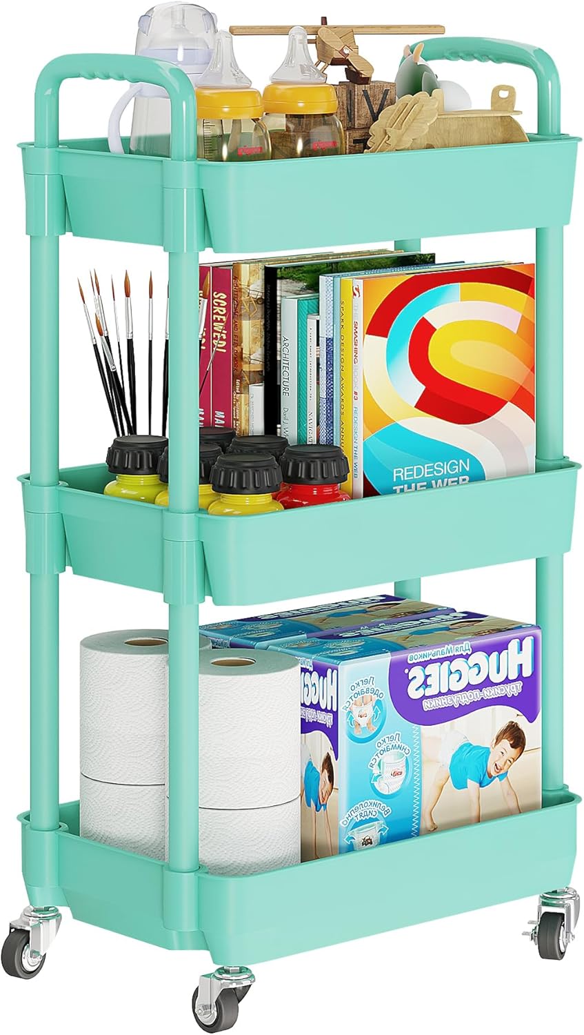 Laiensia 3-Tier Rolling Cart with Wheels,Multifunction Utility Storage carts, Kitchen Storage