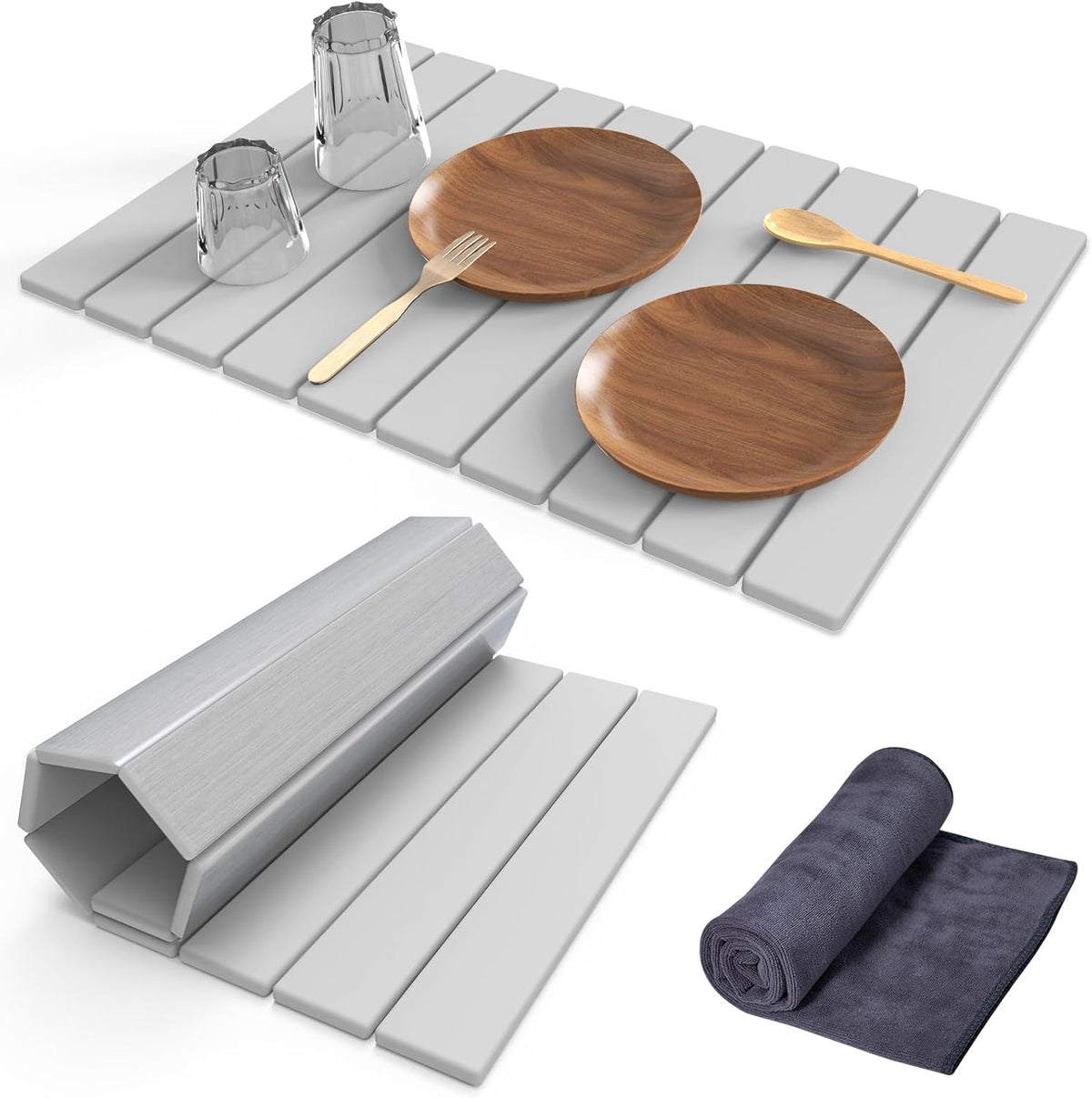 Stone Dish Drying Mat for Kitchen Counter,24"(L)×16"(W) Collapsible Fast-Drying Diatomaceous Earth