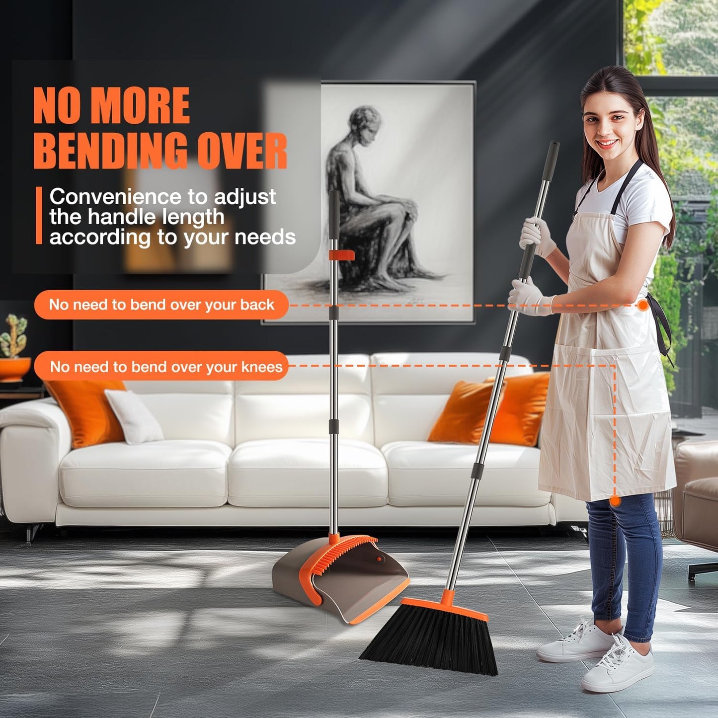 Broom and Dustpan Set, Upgraded Broom with Dustpan Combo Set with 56" Tall Adjustable Handle