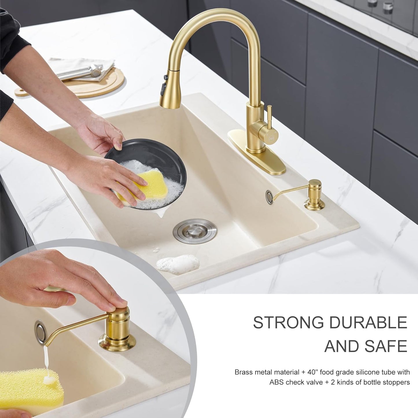 Gagal Kitchen Sink Soap Dispenser (Brushed Gold) and Extension Tube Kit for Kitchen Sink, Complete