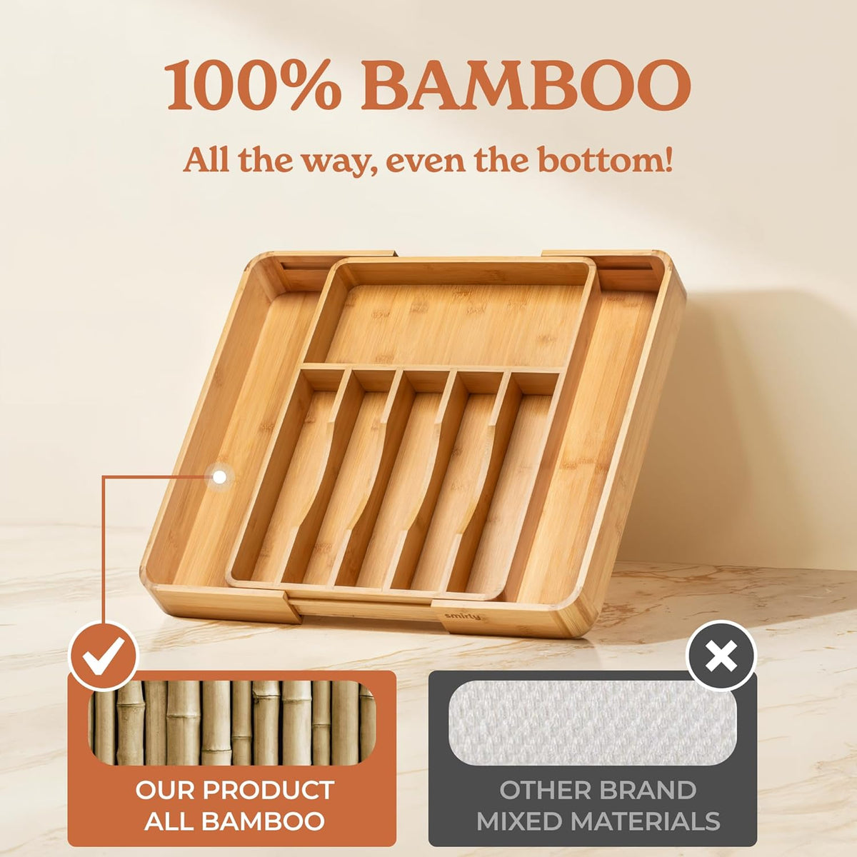SMIRLY Silverware Drawer Organizer – Bamboo Kitchen Drawer Organizer, Adjustable Utensil Holder and
