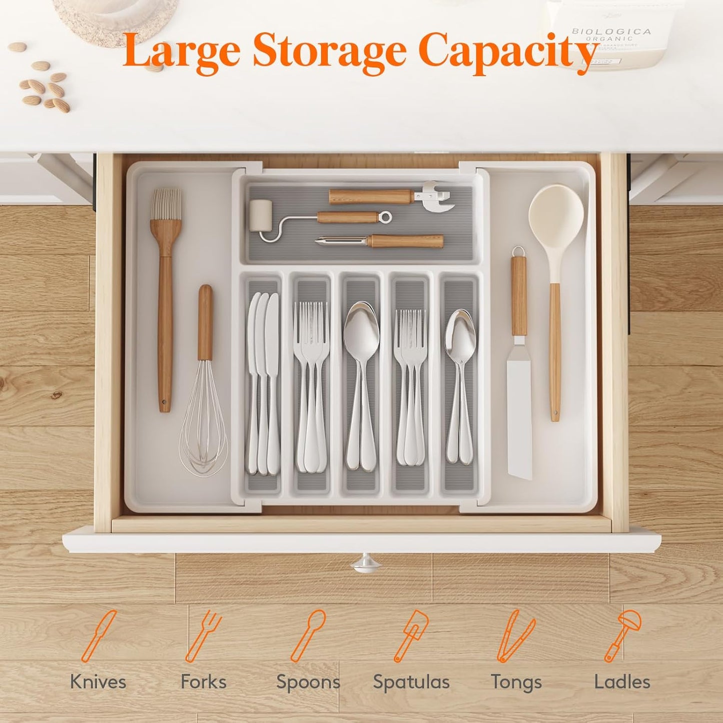 Lifewit Silverware Drawer Organizer, Expandable Utensil Tray with Non-Slip TPR, Deep Flatware