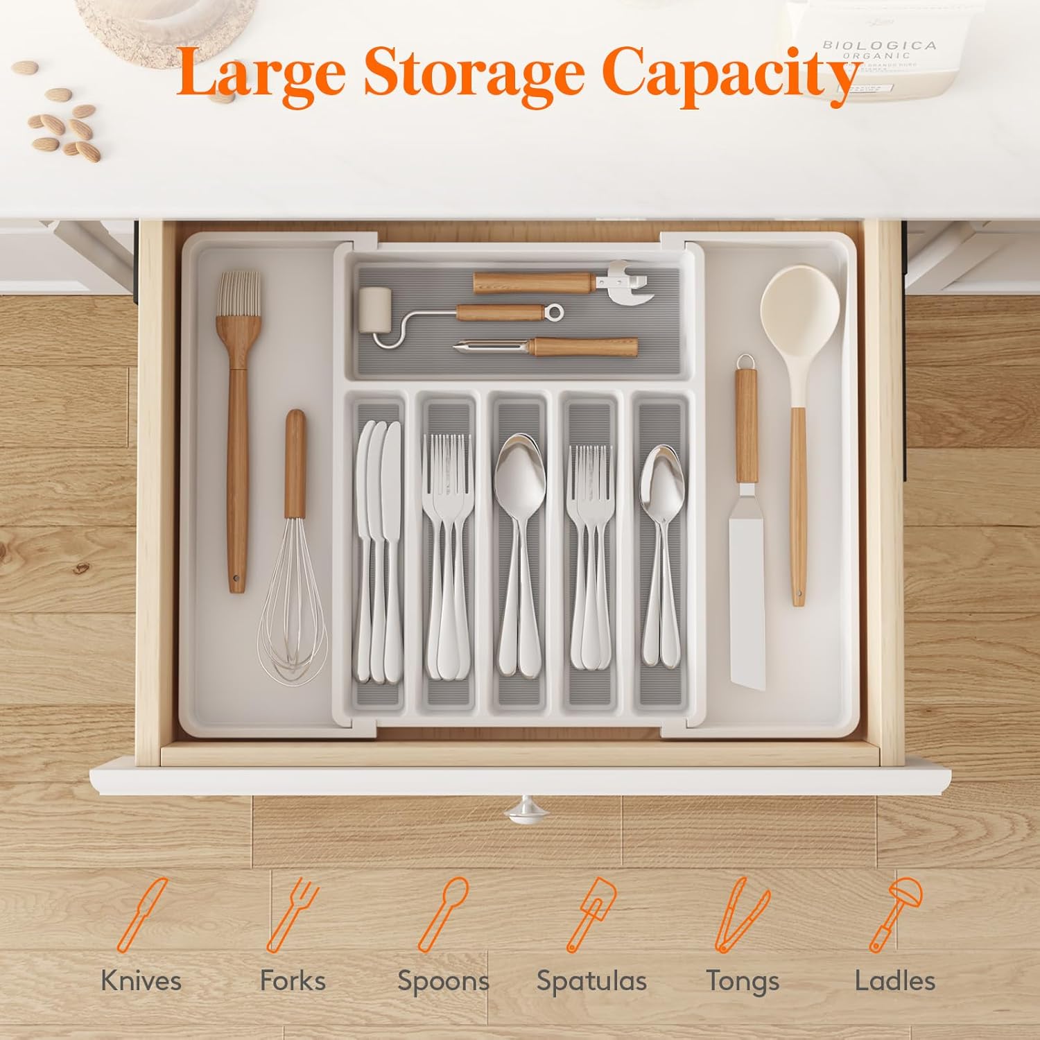 Lifewit Silverware Drawer Organizer, Expandable Utensil Tray with Non-Slip TPR, Deep Flatware