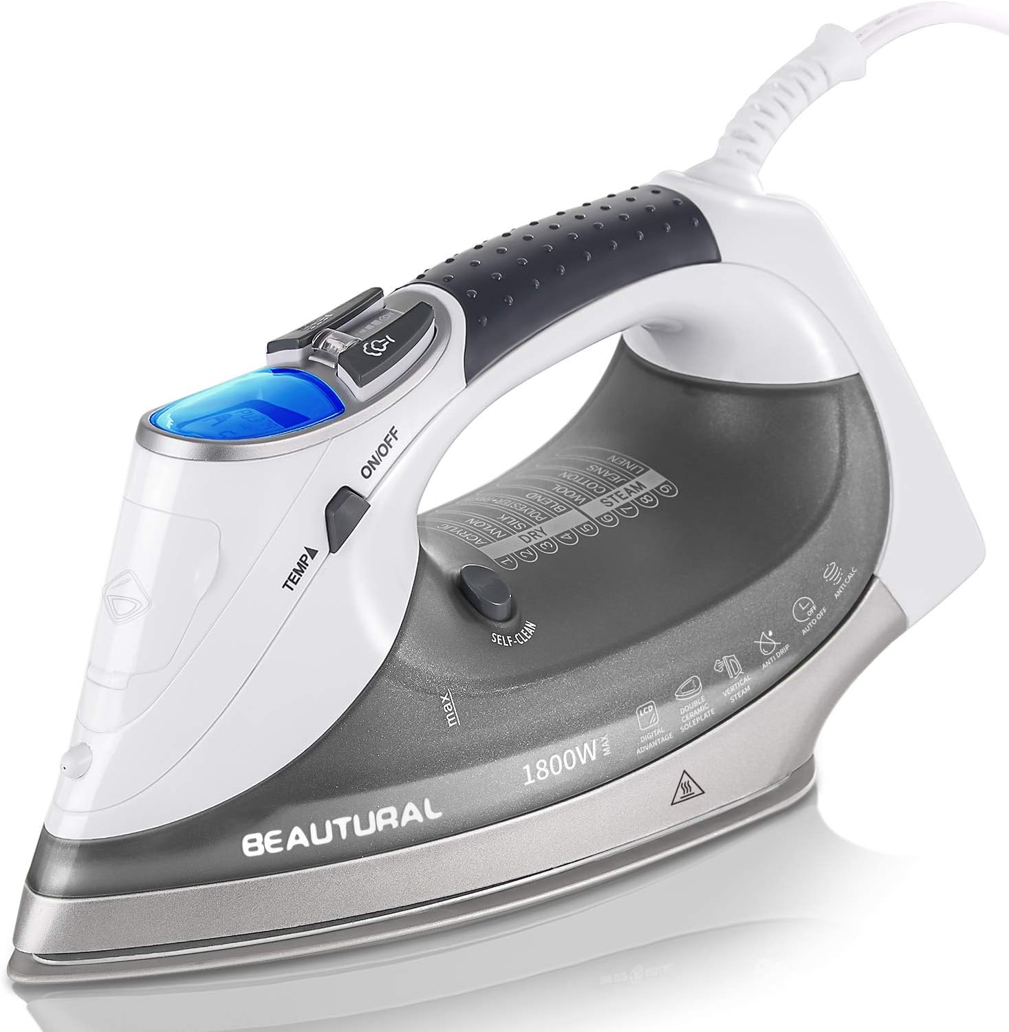 BEAUTURAL 1800-Watt Steam Iron with Digital LCD Screen, Double-Layer and Ceramic Coated Soleplate