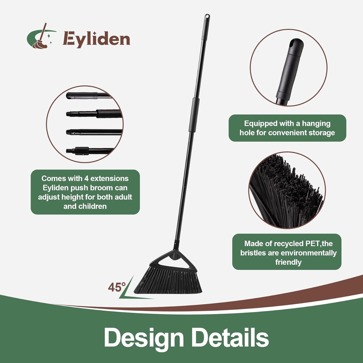 Eyliden Broom, Angle Broom with 57" Long Handle - Fit Heavy-Duty Cleaning, Also Works Well Fine