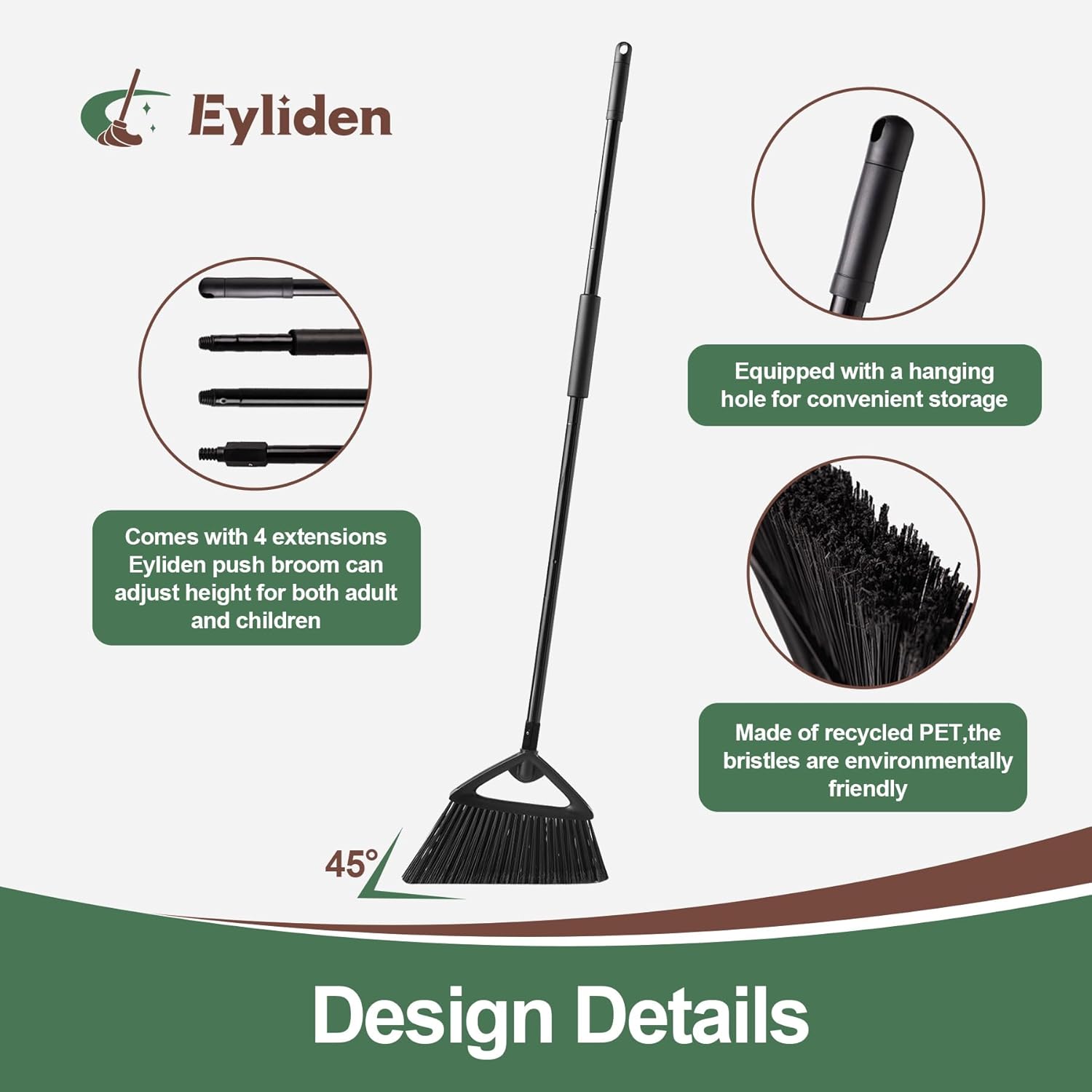 Eyliden Broom, Angle Broom with 57" Long Handle - Fit Heavy-Duty Cleaning, Also Works Well Fine