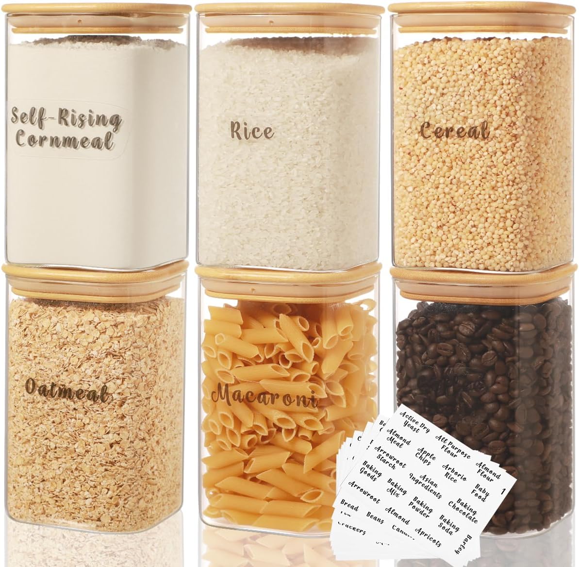 6 Pcs Square Glass Pantry Storage Containers with Bamboo Airtight Lid and 248 Clear Pantry Labels