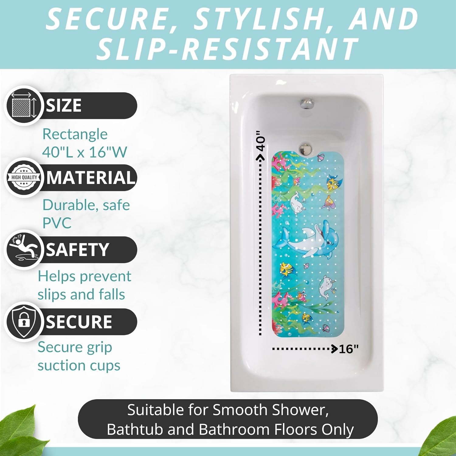 ENKOSI Bath Mat Long 40x16 – Non-Slip Bathtub Mat with Secure Suction Cups & Drain Holes with Fun