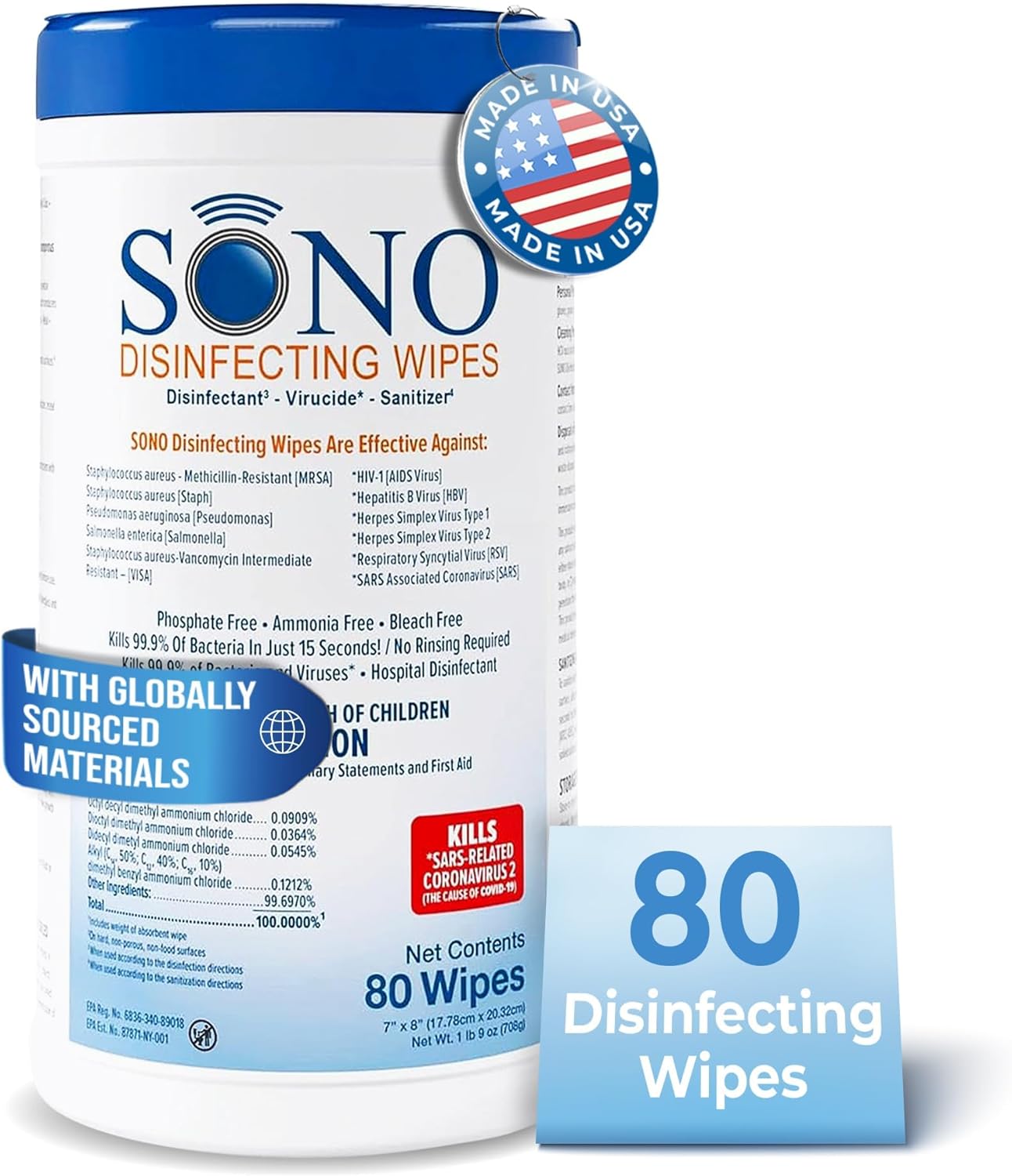 SONO Disinfecting Wipes - Alcohol-Free, No Bleach, Medical-Grade I Multi-Surface Cleaning for Home