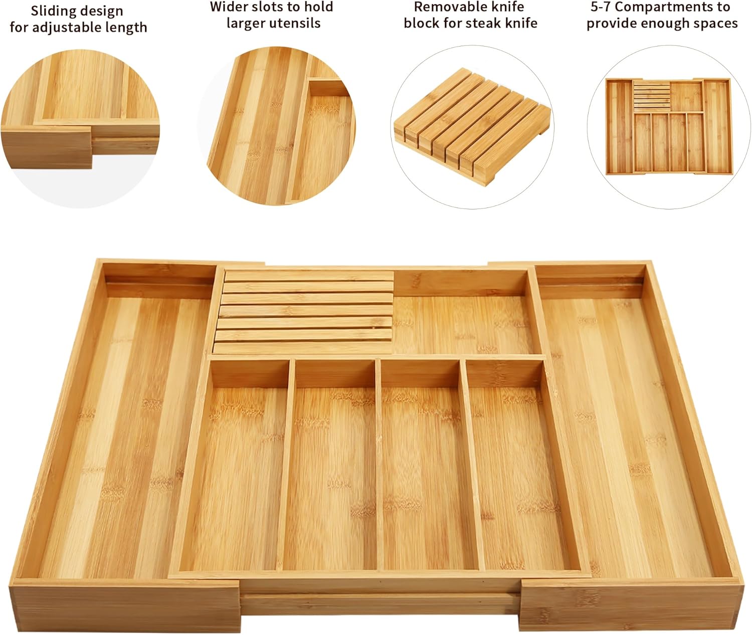 VaeFae Bamboo Silverware Drawer Organizer Kitchen, Expandable Utensil Organizer with Knife Block