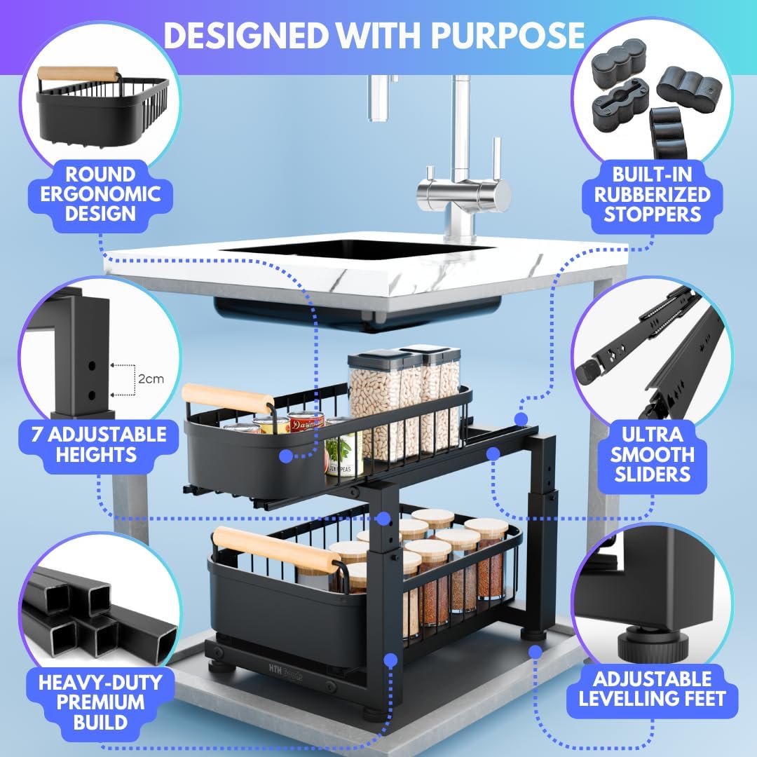 Premium Heavy Duty Carbon Steel Under Sink Organizer, 2 Tier Pull Out Cabinet Organizer, 7