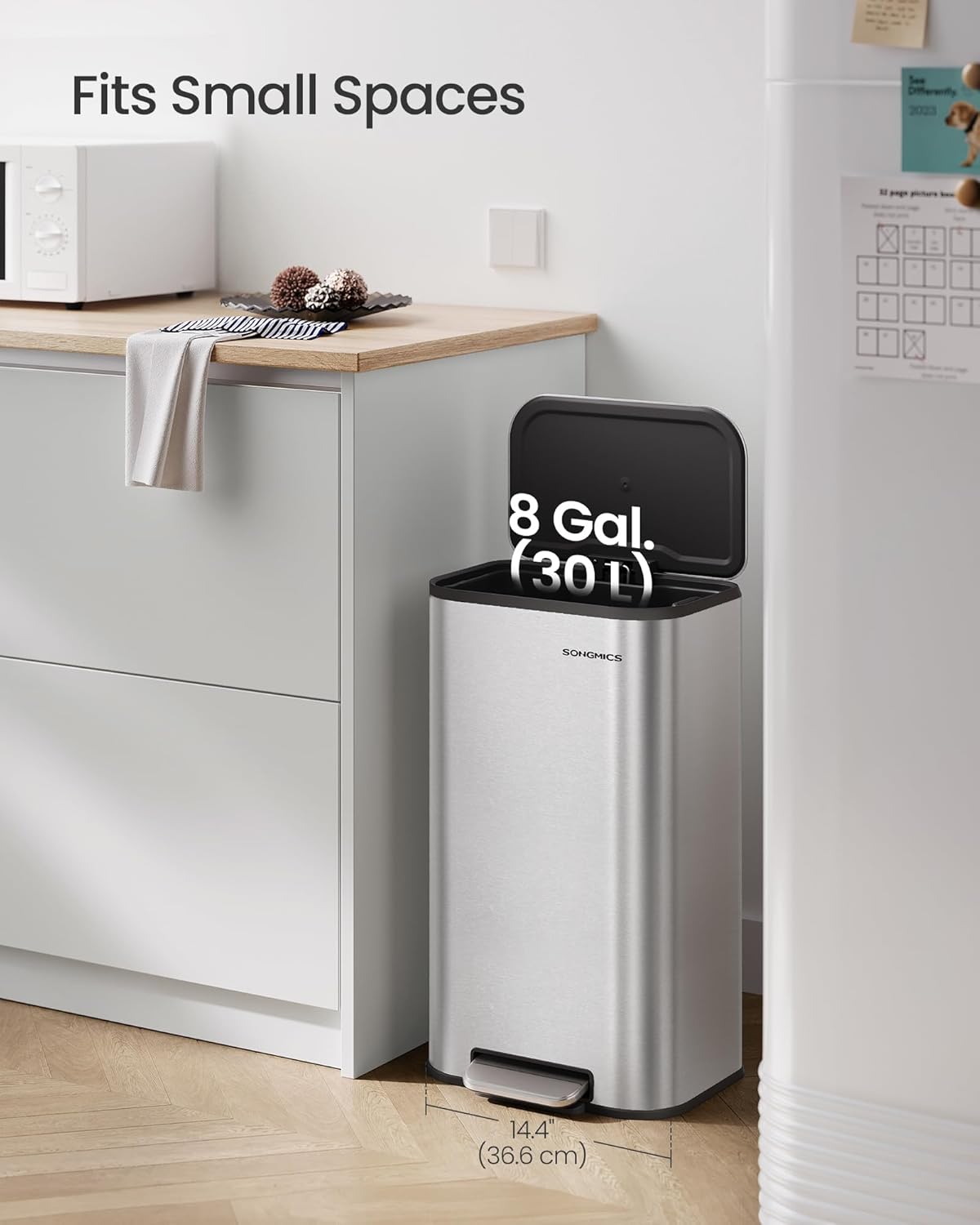 SONGMICS Kitchen Trash Can, 8-Gallon (30 L) Garbage Can with Lid, Stainless Steel, Soft Close and