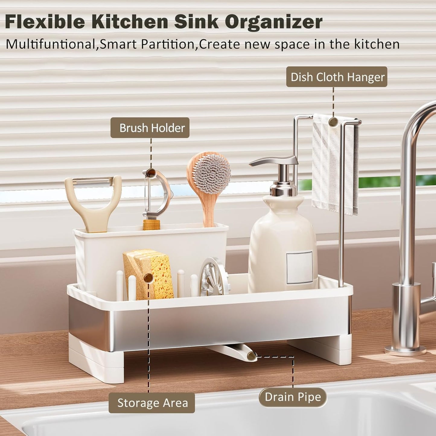 Sponge Holder for Kitchen Sink,Sink Caddy Organizer with Removable Brush Holder,Kitchen Countertop