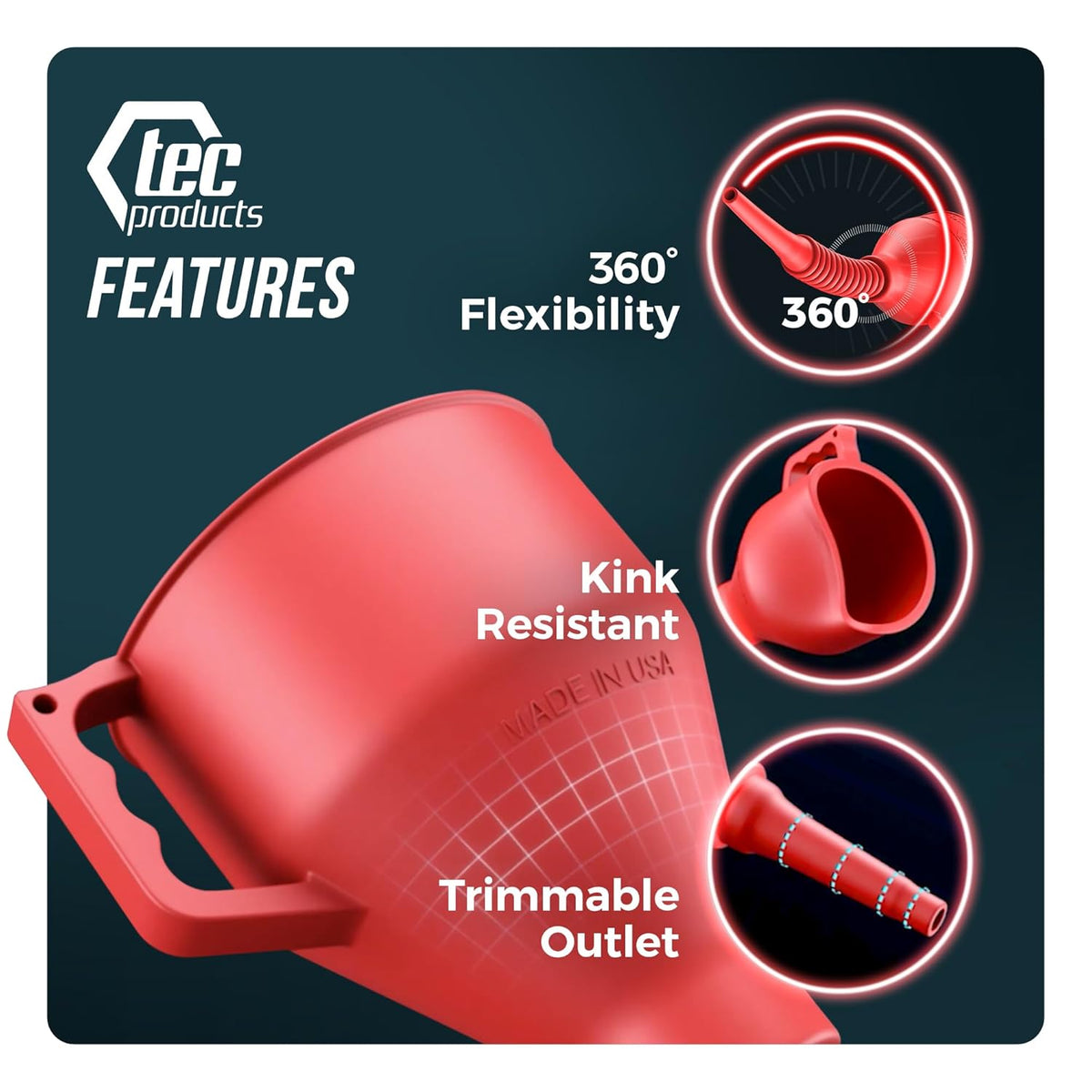 TEC Products FlexAll Long Flexible Funnel for Automotive Use - Durable Nitrile Rubber - Ideal for
