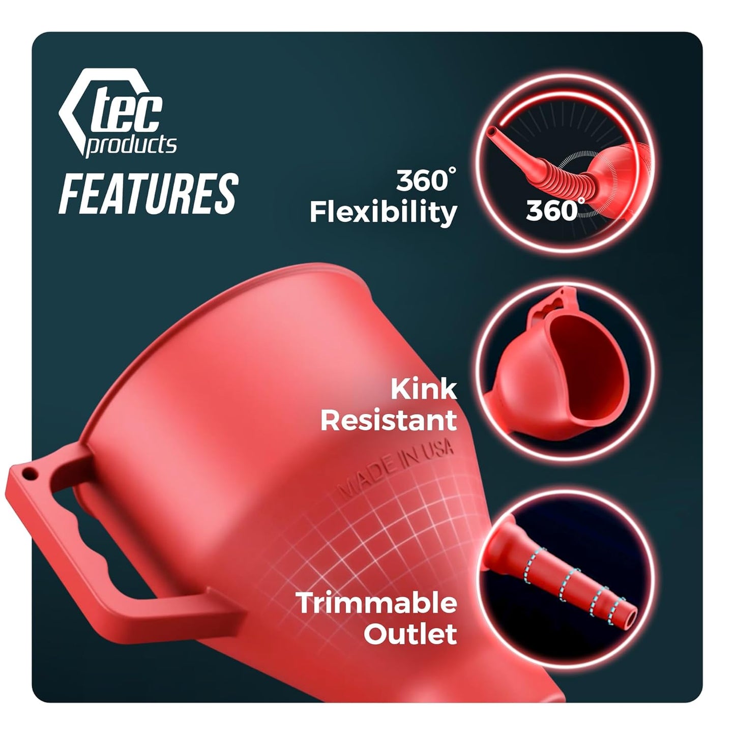 TEC Products FlexAll Long Flexible Funnel for Automotive Use - Durable Nitrile Rubber - Ideal for