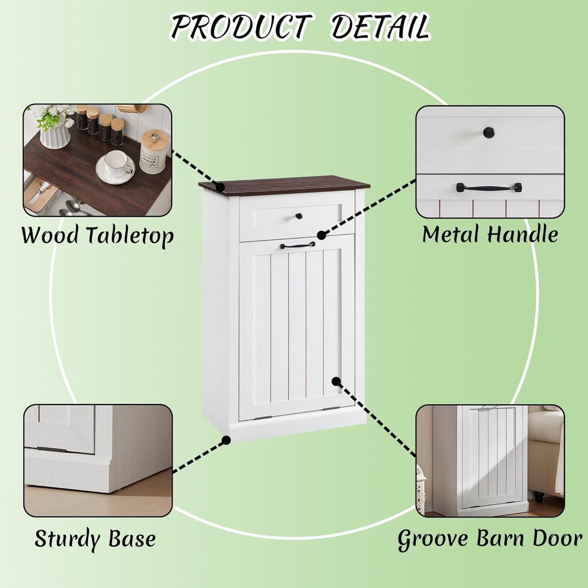 Tilt Out Laundry Hamper Cabinet, 10 Gallon Farmhouse Trash Can Cabinet with Drawer, Hidden Wood