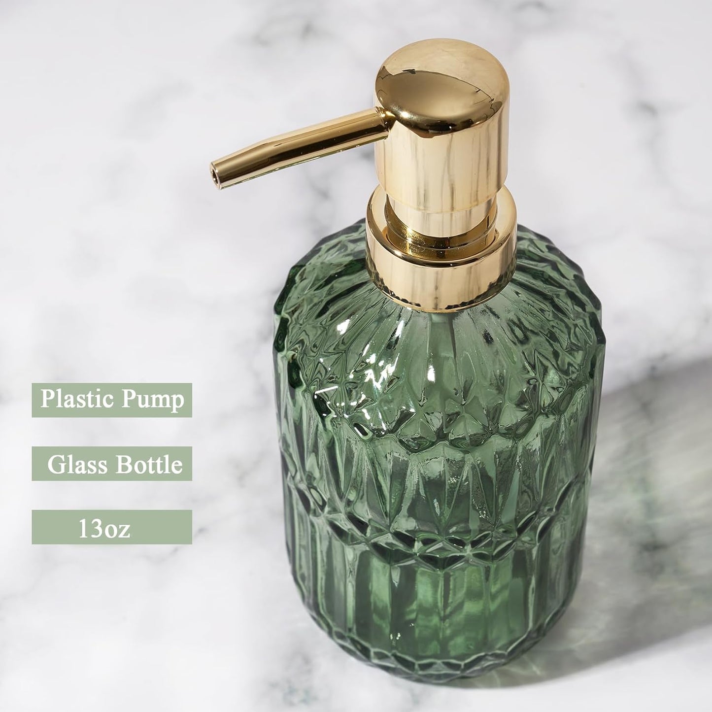 Glass Soap Dispenser Green Bottle Gold Plastic Pump Refillable Kitchen Sink Countertop Hand Dish