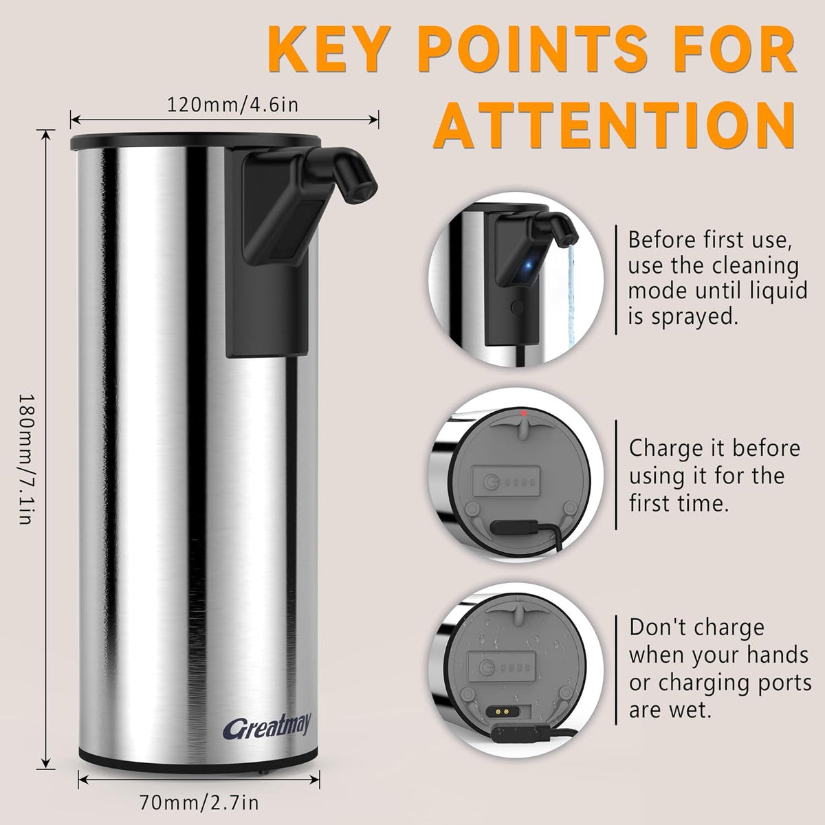 Automatic Soap Dispenser,Stainless Steel Material, Rechargeable Touchless Hand Sanitizer Pump,4