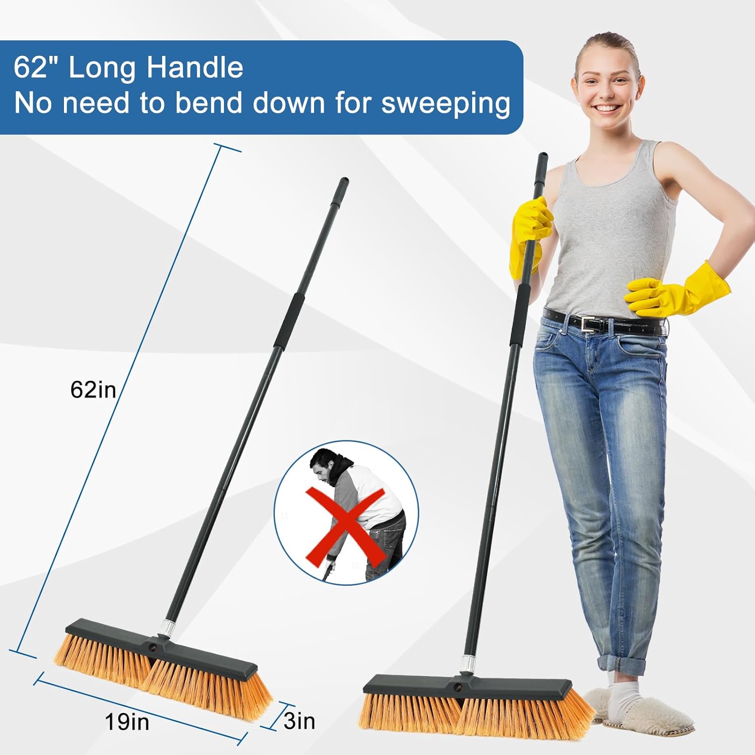 PBHEPJ 18 Inchs Push Broom Outdoor Heavy Duty, Shop Broom with 60" Long Bandle for Cleaning Outdoor