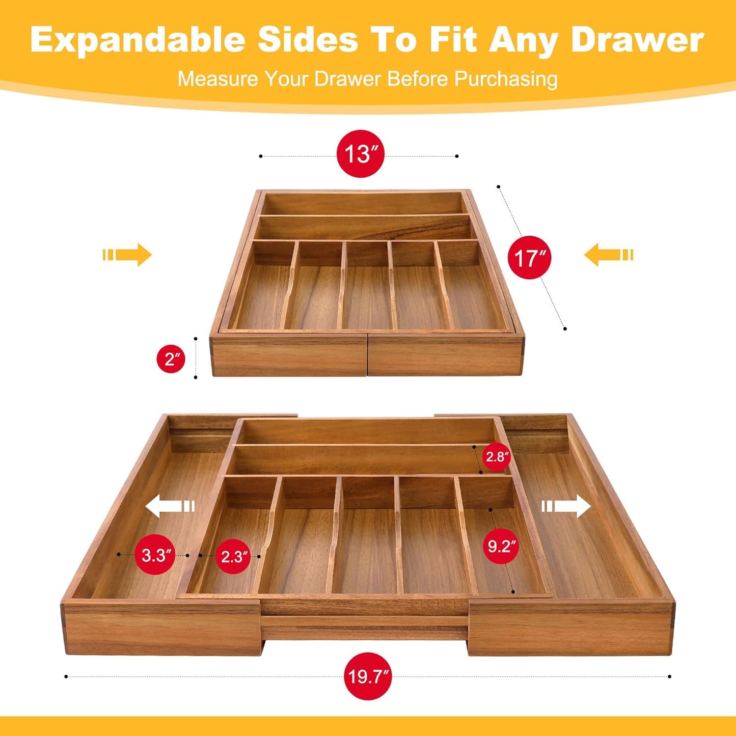 Large Premium Acacia Silverware Organizer - Expandable Drawer Organizer & Utensil Organizer