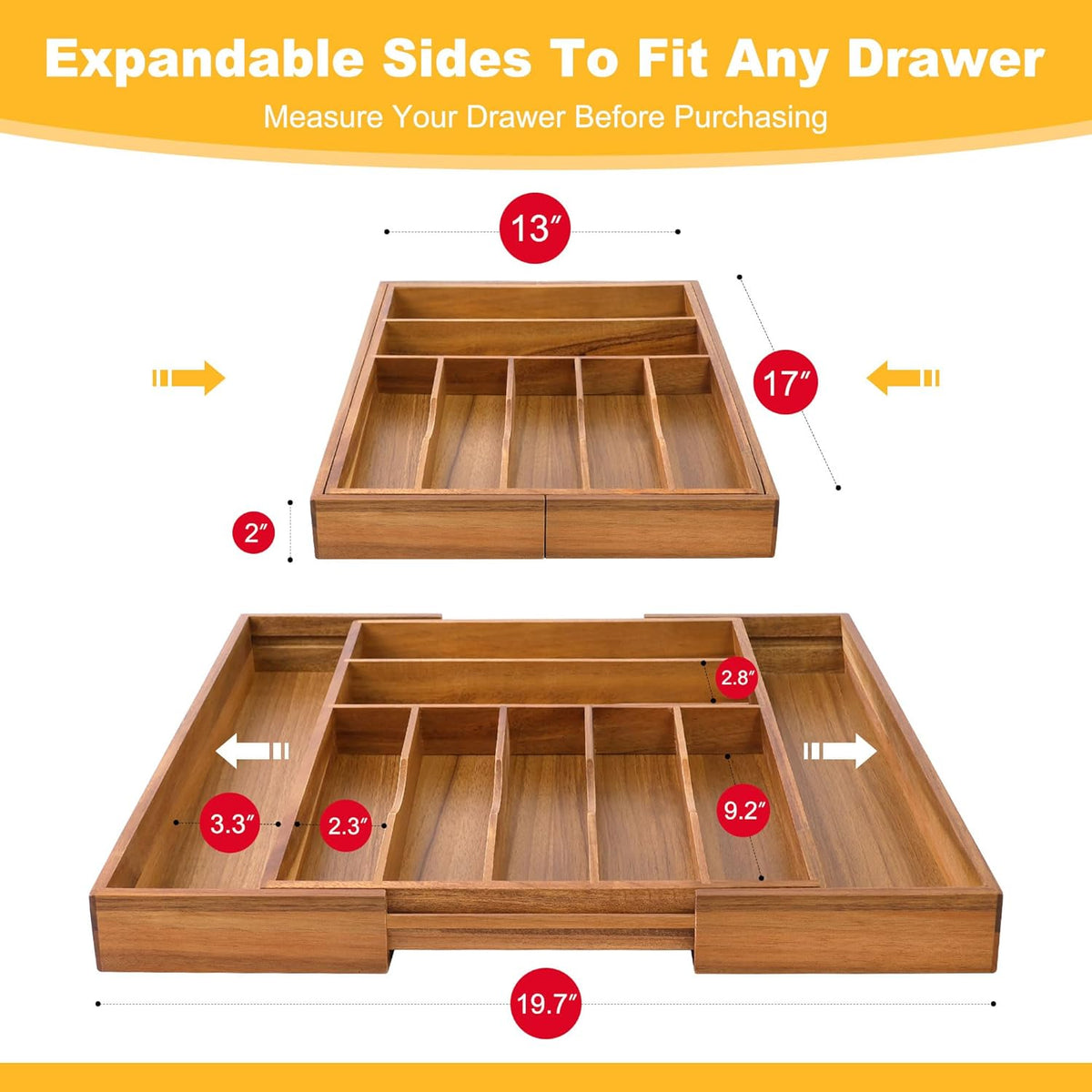 Large Premium Acacia Silverware Organizer - Expandable Drawer Organizer & Utensil Organizer