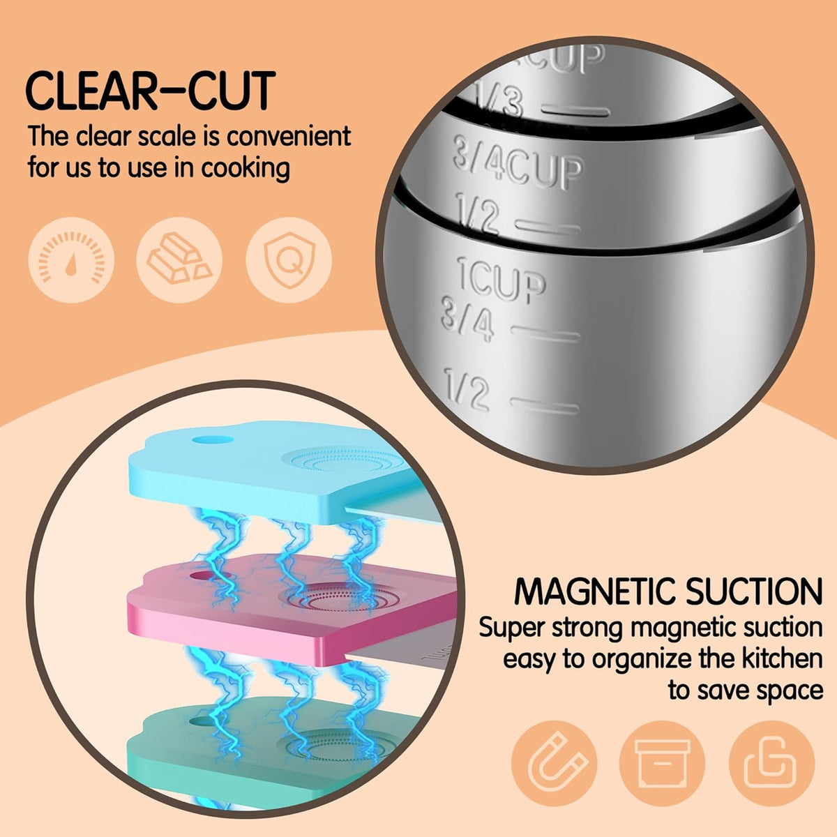Magnetic Measuring Cups, 6 Stainless Steel Nesting Measuring Cup Set for Measuring Dry or Liquid