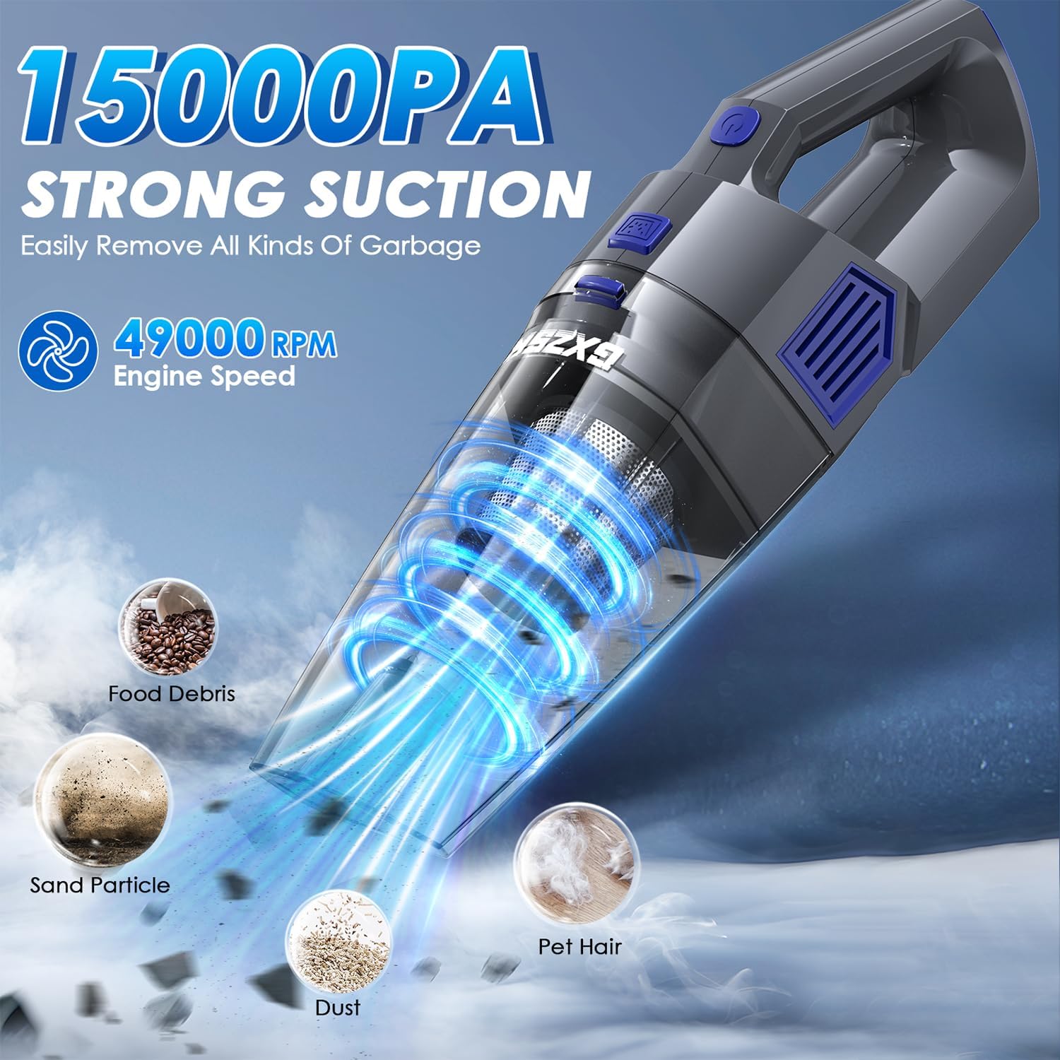Handheld Vacuum Cordless, 15000PA Strong Suction Hand Held Car Vacuum Cleaner Rechargeable