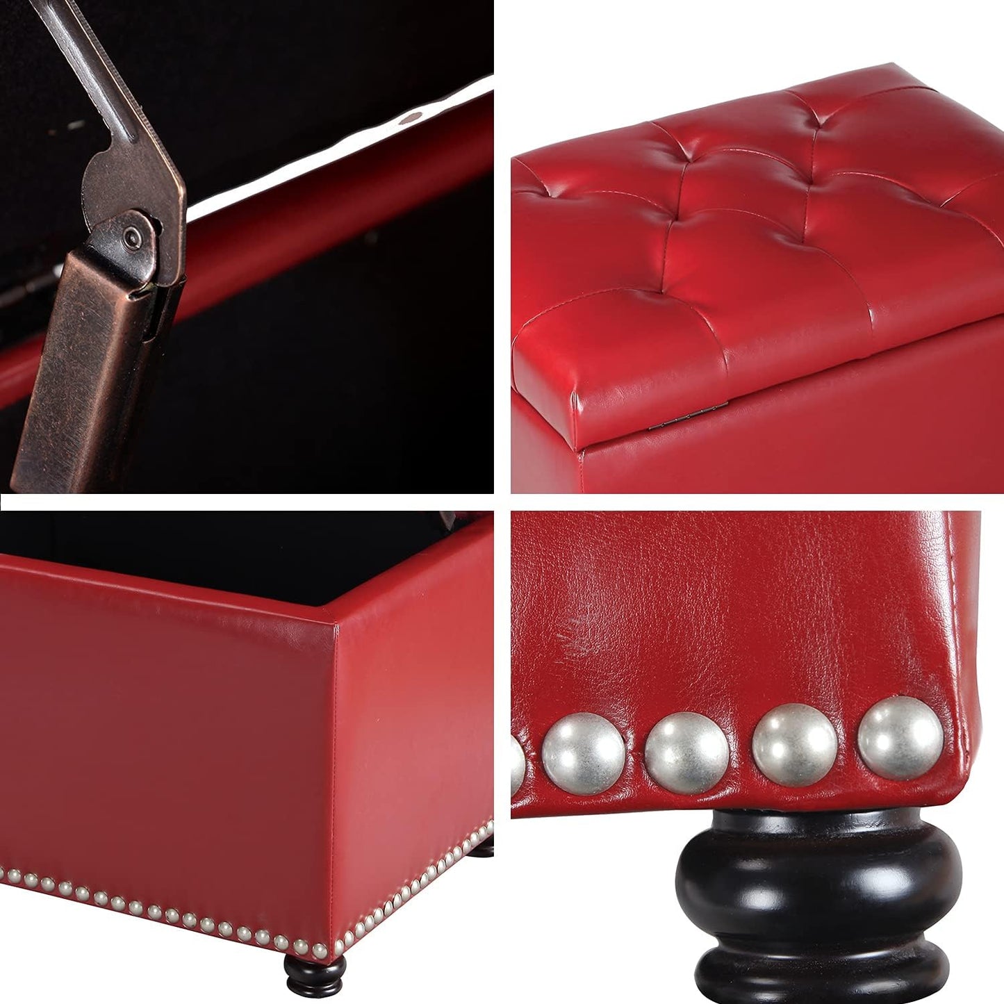 24'' Leather Storage Ottoman Rectangular Foot Rest Stool with Nailhead Trim for Bedroom Living