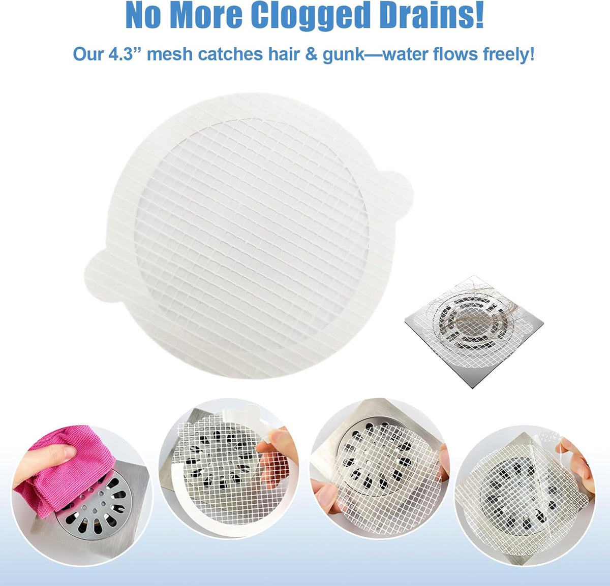30 Pack Disposable Shower Drain Hair Catcher Hair Trap Drain Covers 4.3” Extra-Wide Mesh Hair