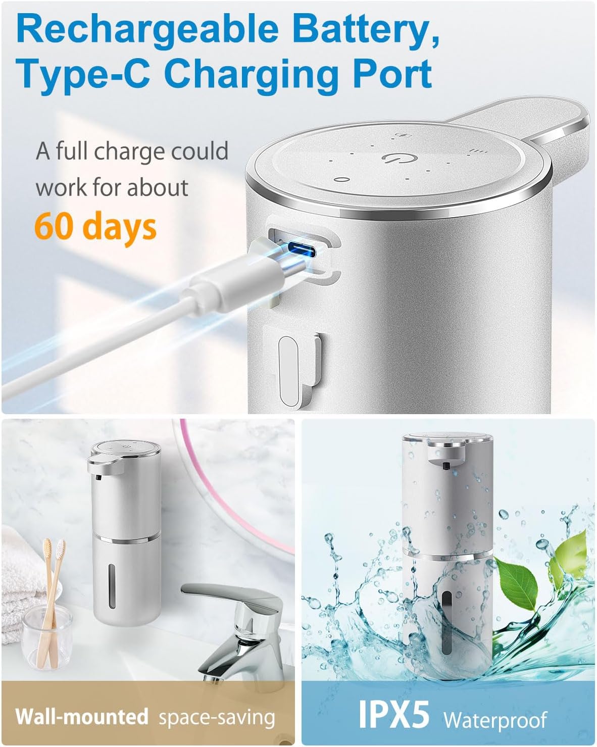 Automatic Foaming Soap Dispenser,4-Level Adjustable Foam, Wall Mount, USB Rechargeable,12.8oz/