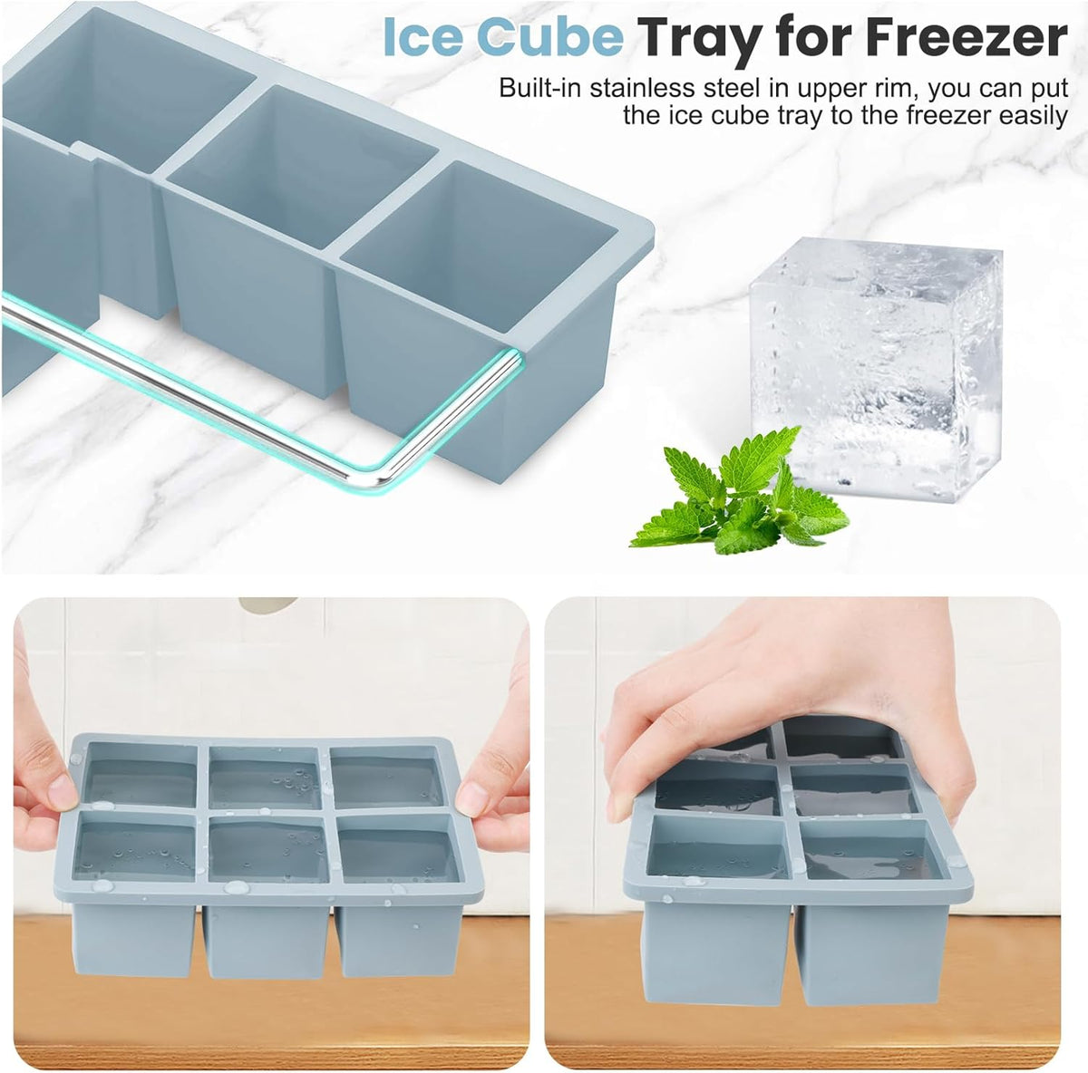 Large Silicone Ice Cube Tray 3Pack, SAWNZC Big Square Ice Cube Molds for Whisky Cocktail, Ice Maker