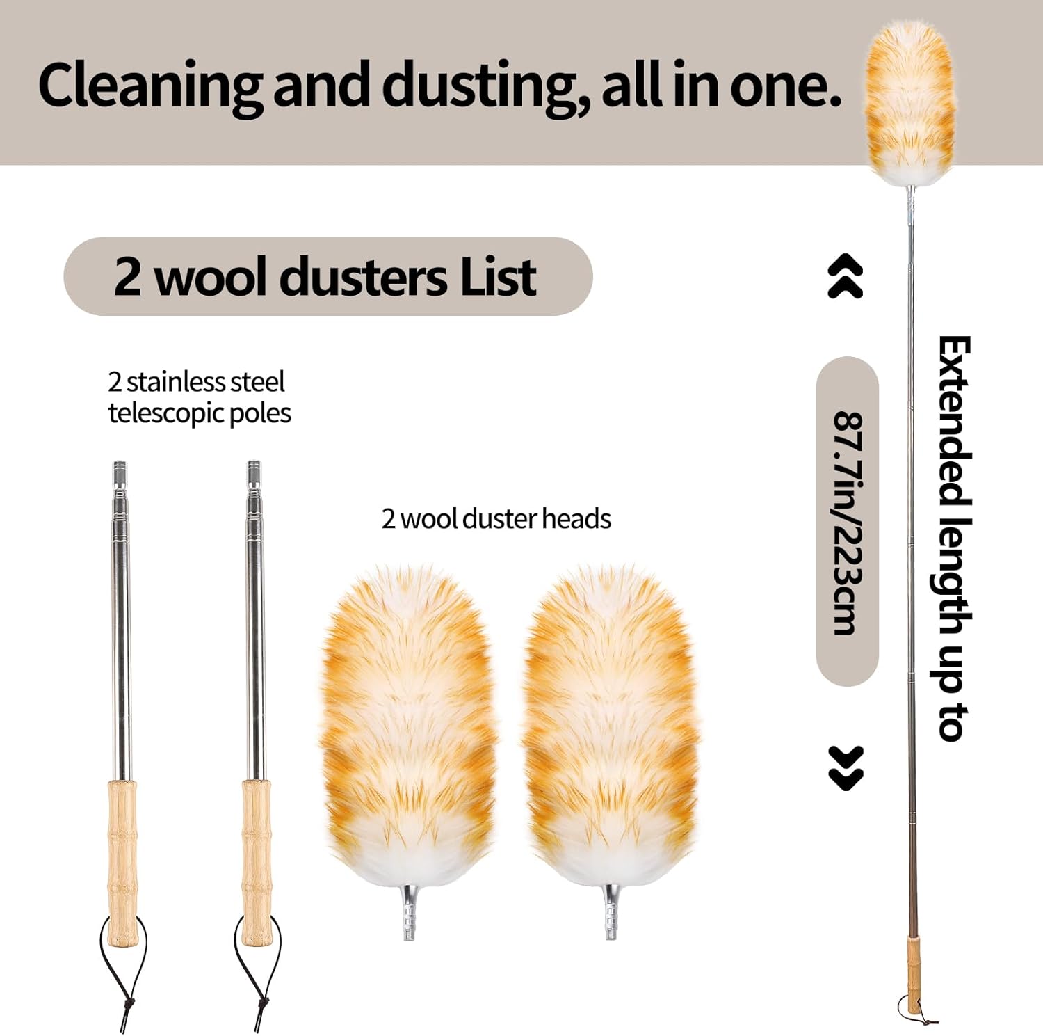 Lambswool Duster for Cleaning with Solid Wooden Handle Leather Hang Strap 87.8" Removable