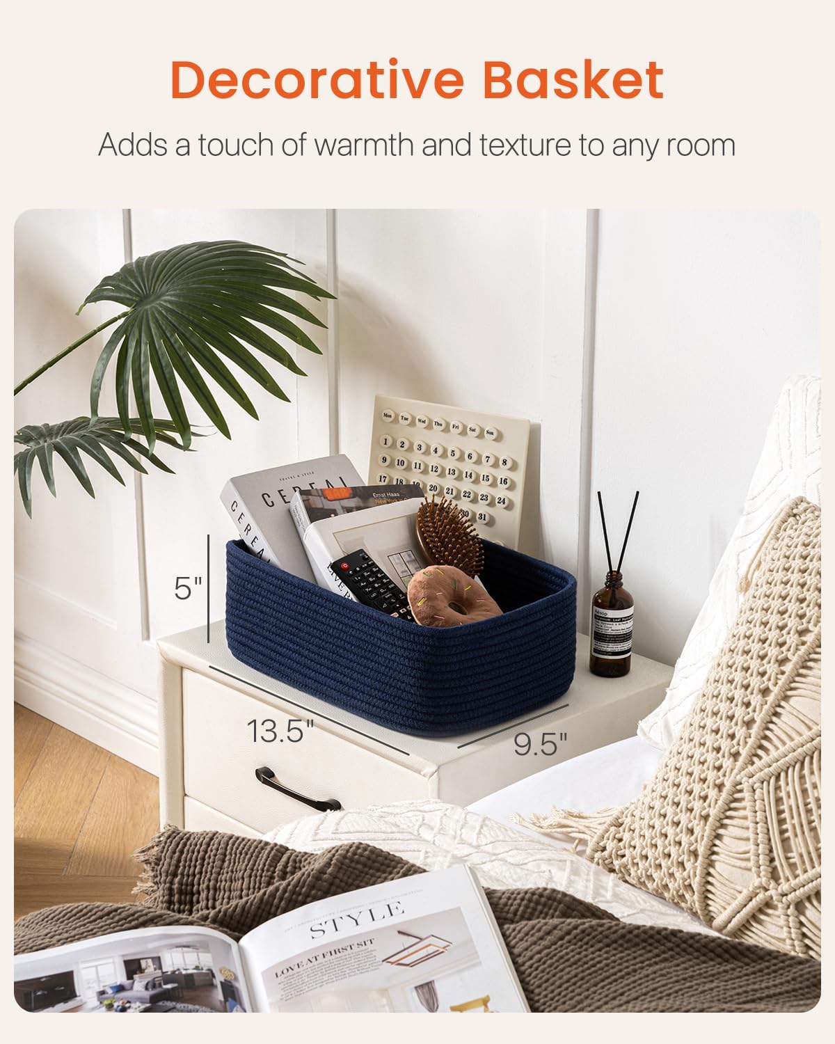 Small Woven Basket, 13.5 x 9.5 x 5 Inches, Storage Basket for Organizing, Cute Small Rope Shelf