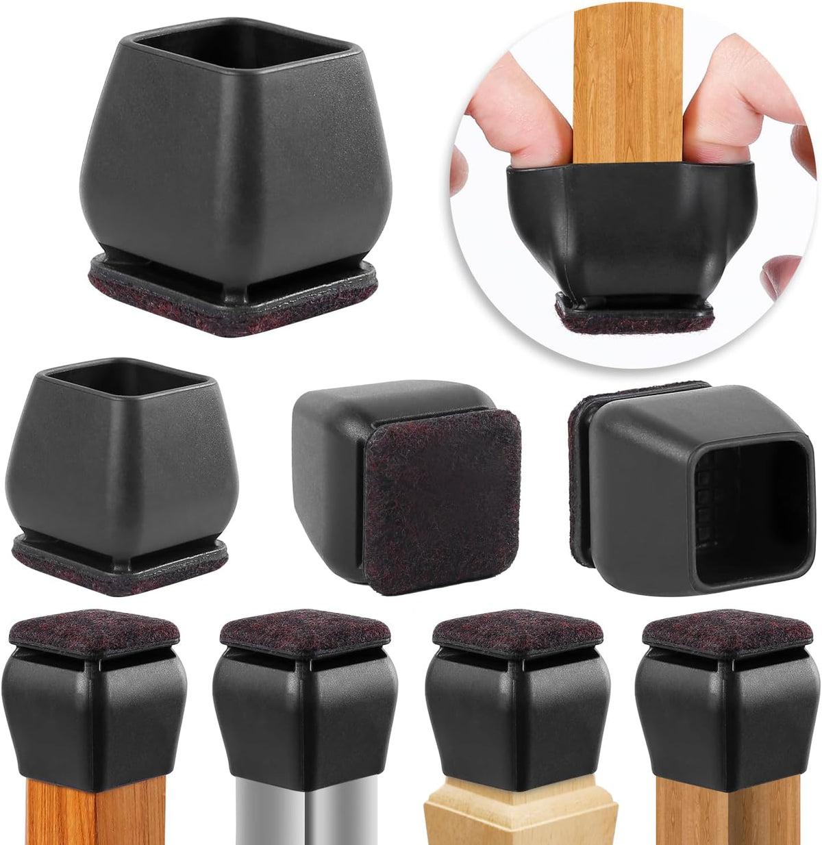 Ezprotekt 24 Pcs Square Silicone Chair Leg Floor Protectors for Wood Floors, Black Felt Furniture