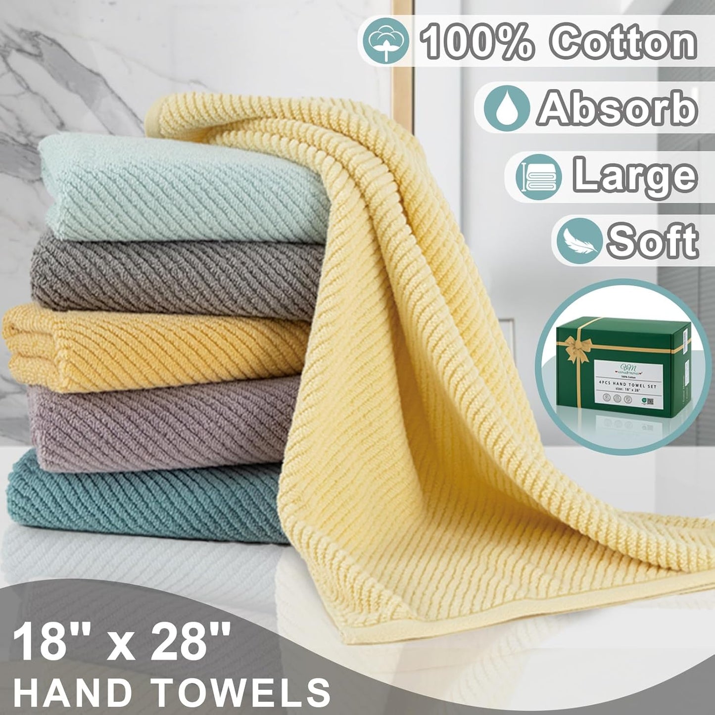 Teal Hand Towels for Bathroom, Bathroom Hand Towels Set of 4, Large 18" x 28" - Quick Dry |