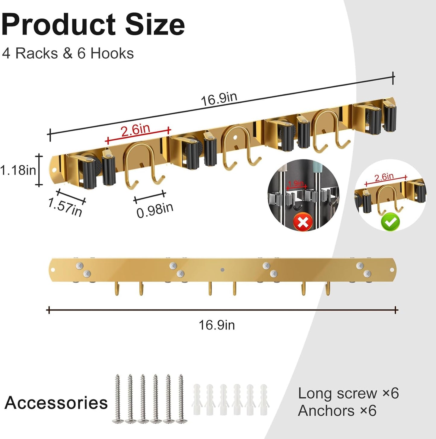 Mop Broom Holder Wall Mount, 2 Packs Gold Stainless Steel Tool Storage Organizer for Kitchen Garden