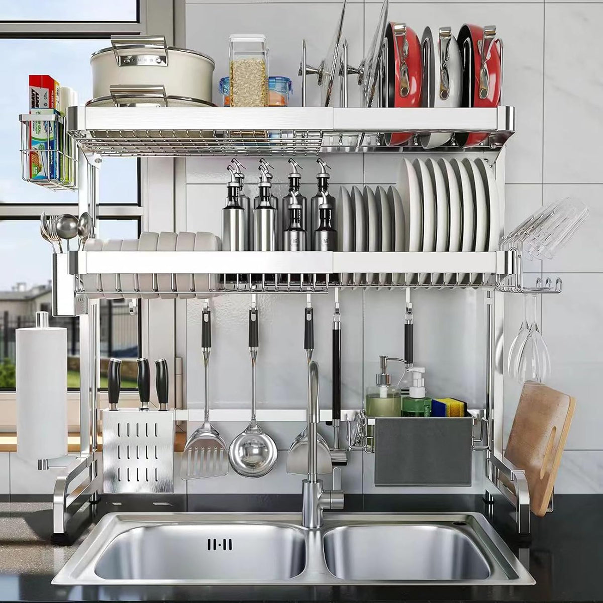 Over The Sink Dish Drainer Drying Rack, Full Stainless Steel 3-Tier Adjustable Length Over Sink