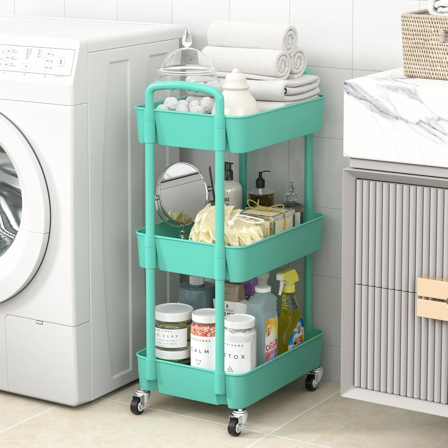 Sywhitta 3-Tier Plastic Rolling Utility Cart with Handle, Multi-Functional Storage Trolley for