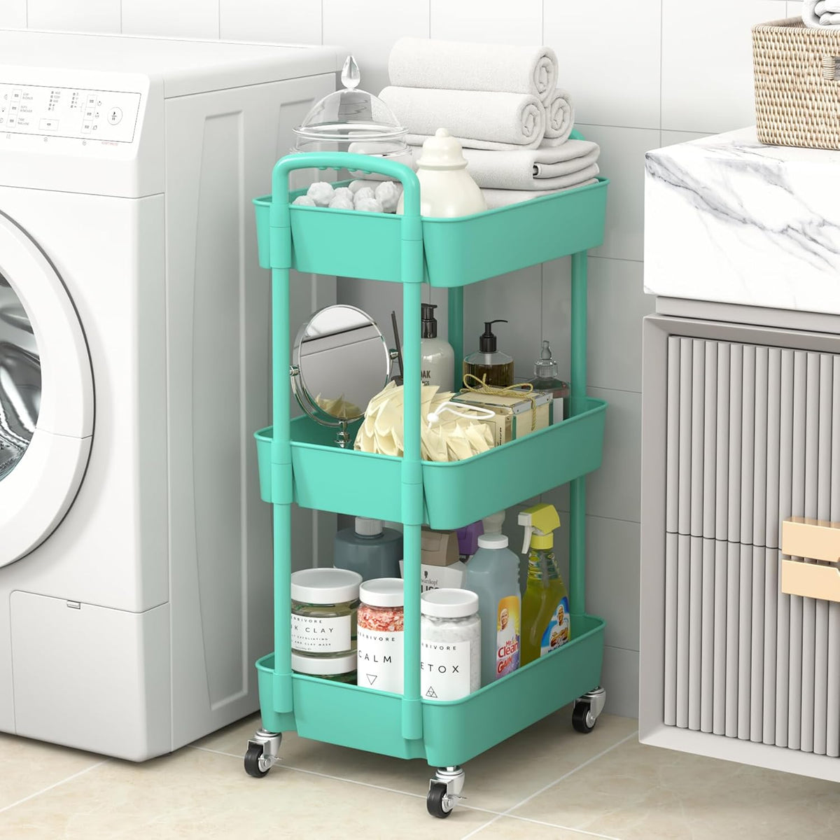 Sywhitta 3-Tier Plastic Rolling Utility Cart with Handle, Multi-Functional Storage Trolley for