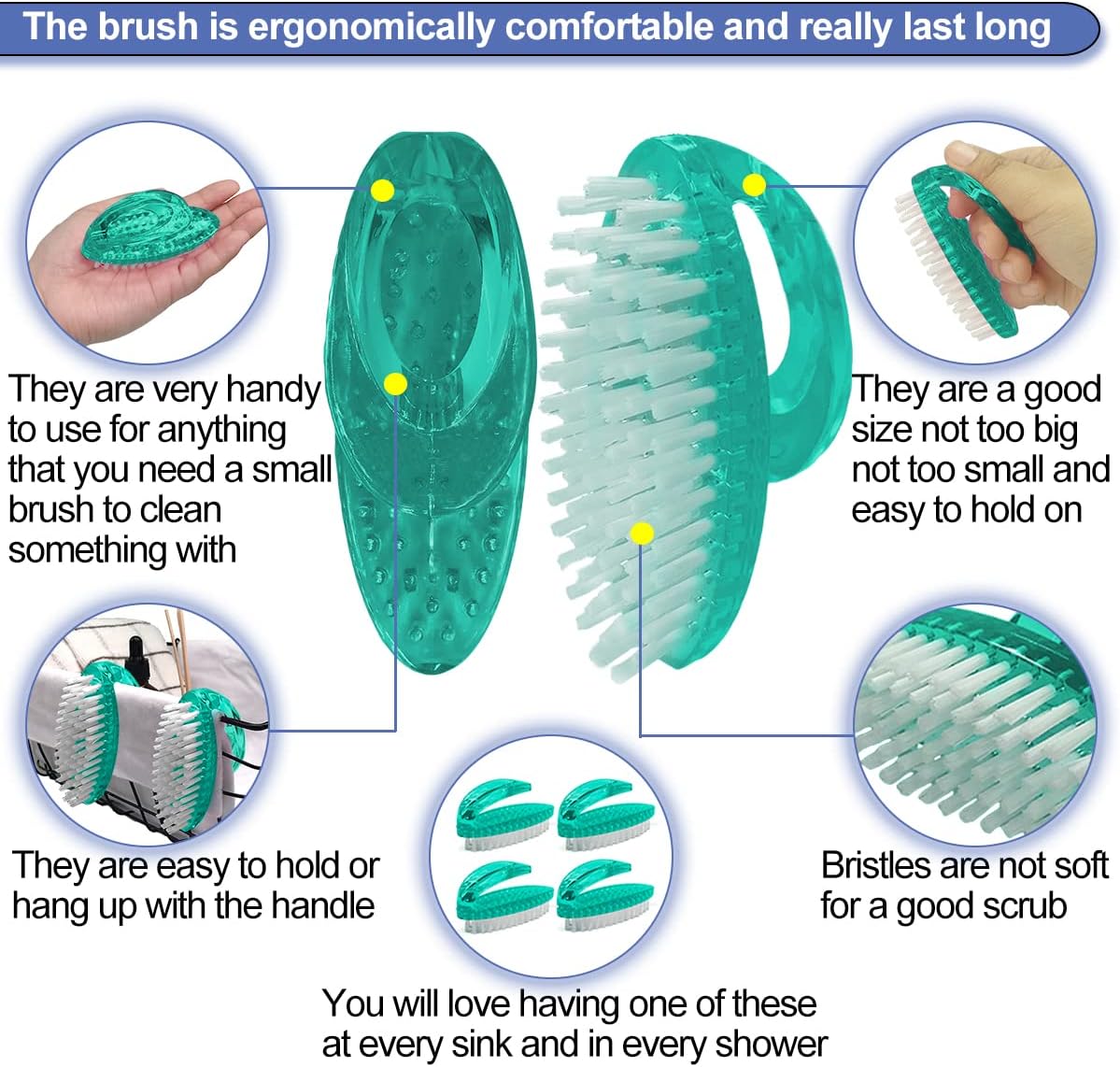 Handle Grip Nail Brush for Cleaning Fingernails Hands & Under Nails, Stiff Bristle Mechanic Scrub