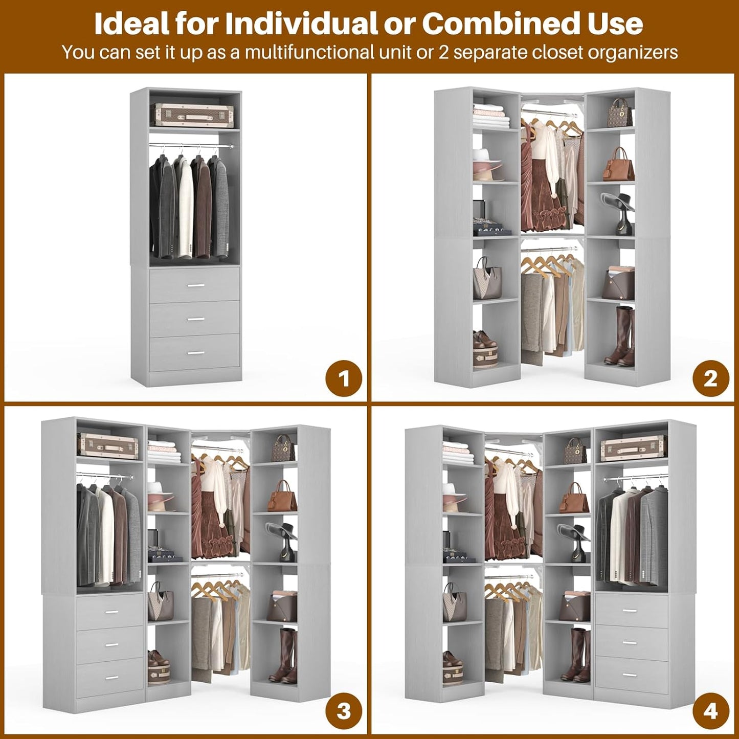 Corner Closet System with 3 Drawers, Corner Closet Organizer System with 13 Shelves & 3 Hanging