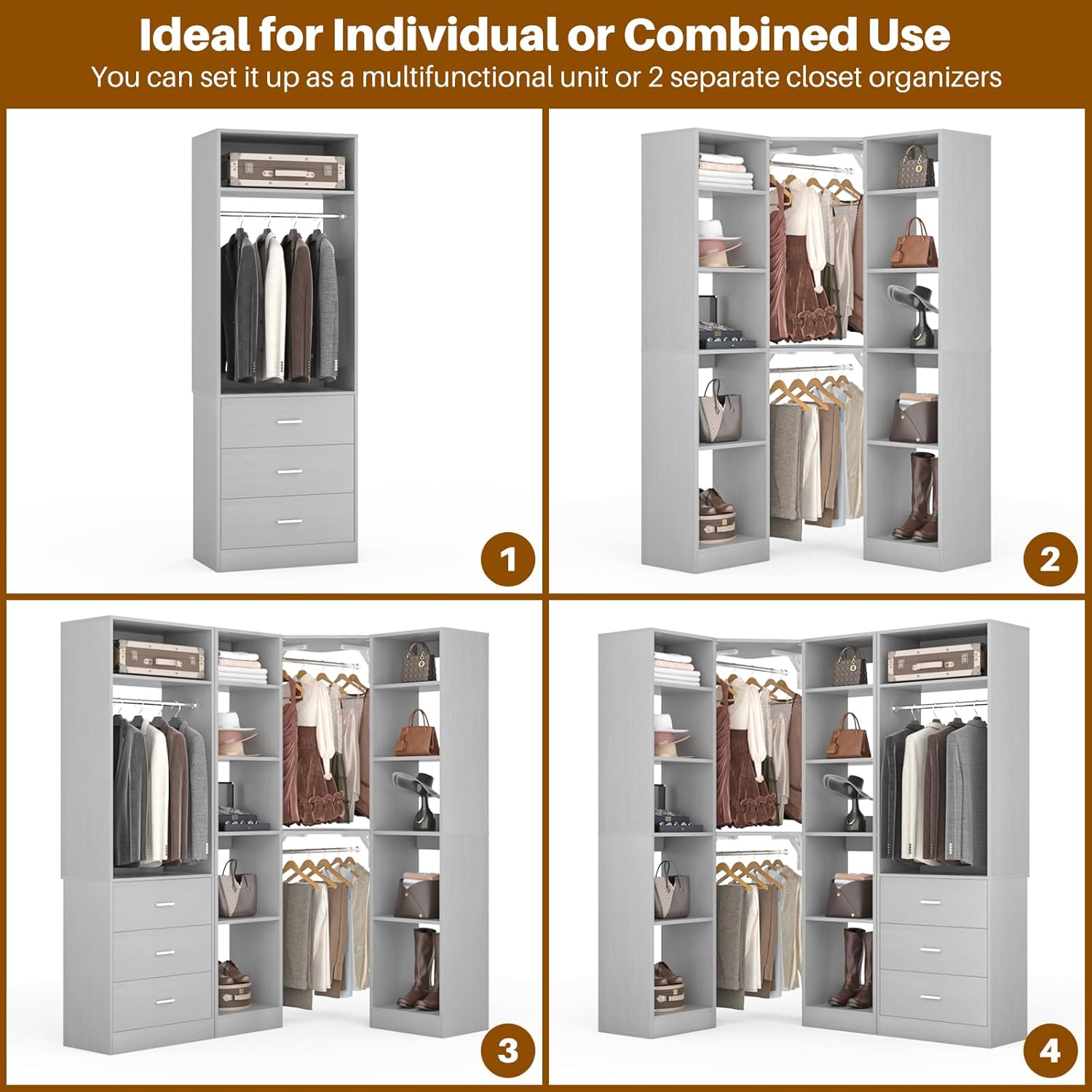 Corner Closet System with 3 Drawers, Corner Closet Organizer System with 13 Shelves & 3 Hanging