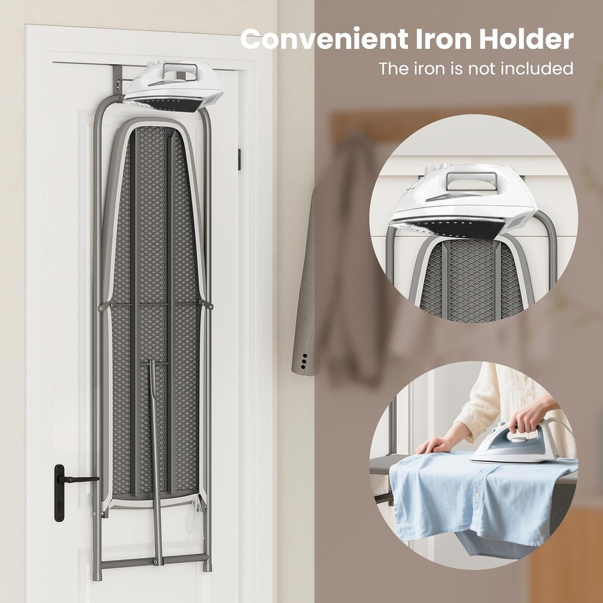 COSTWAY Over The Door Ironing Board, Space-Saving Metal Hanging Ironing Board with Iron Holder &