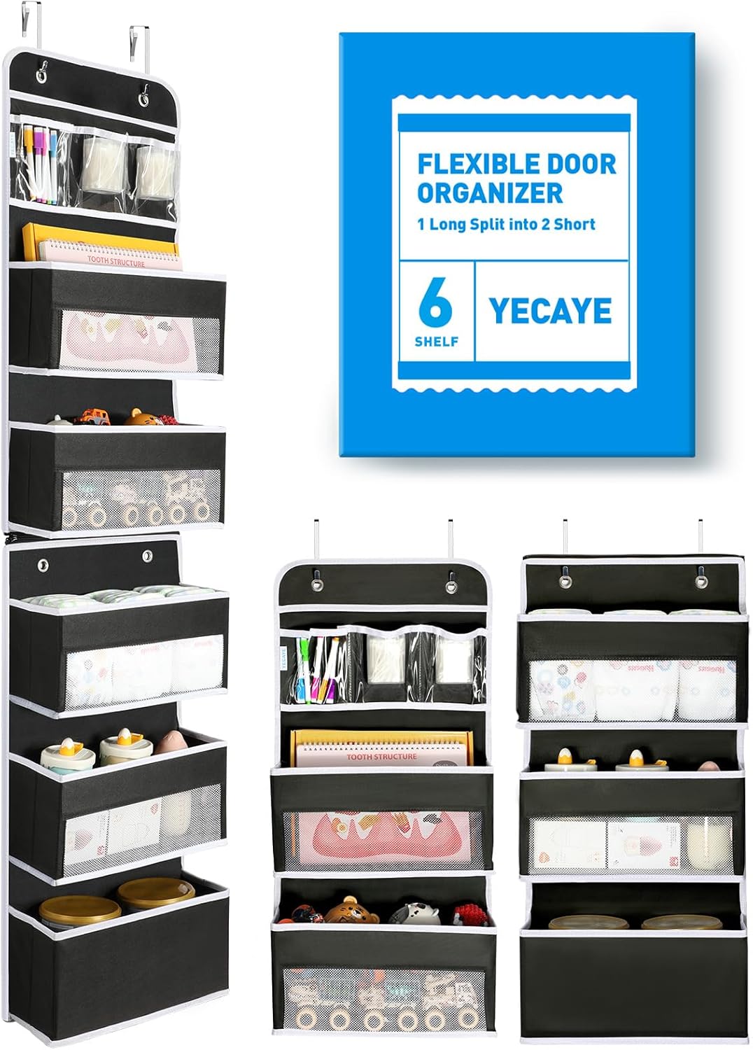 Yecaye 6-Tier Over The Door Storage Organizer, Flexible 1 Split into 2 Swing-Proof Hanging Bathroom