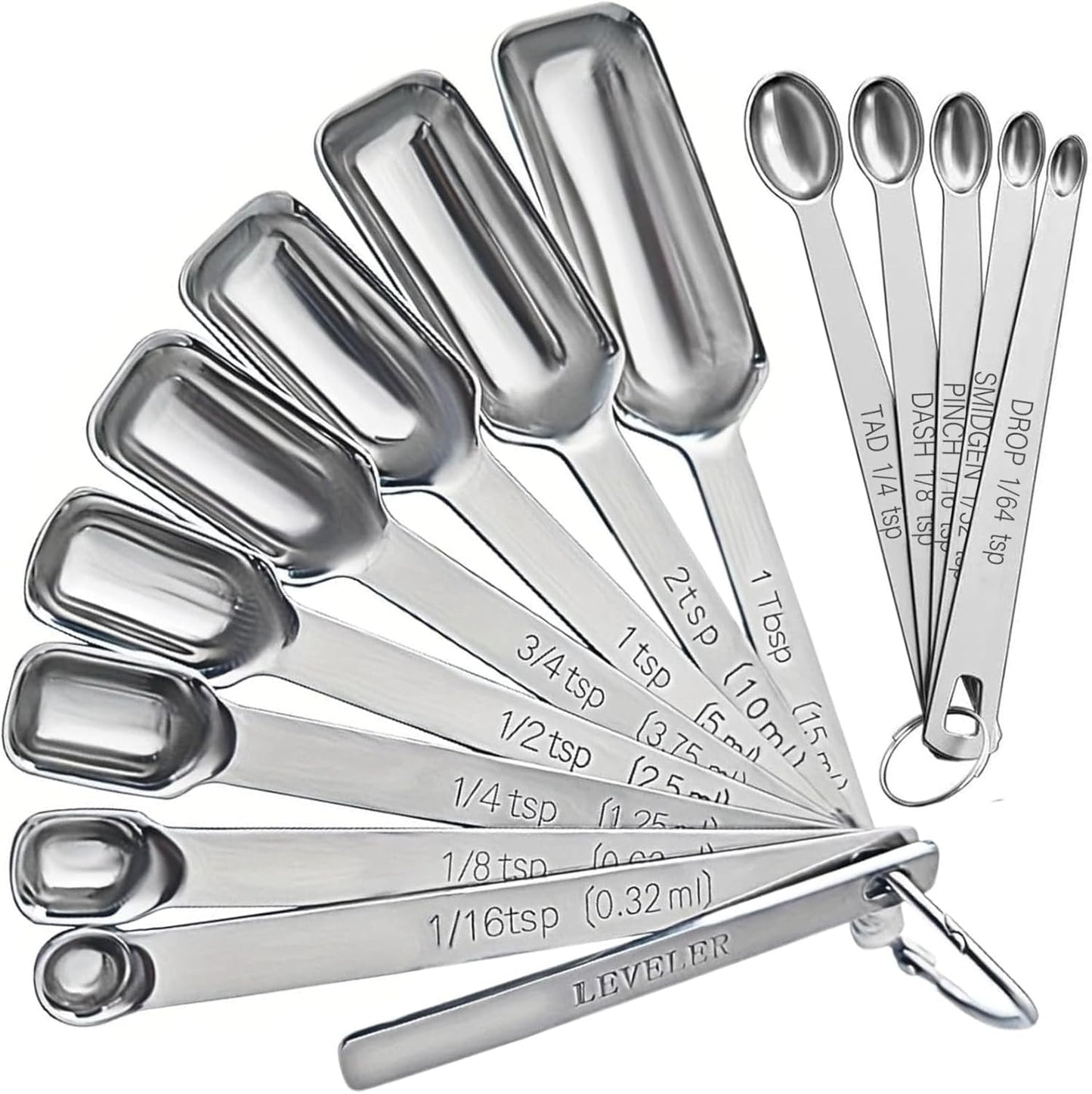 Stainless Steel Measuring Spoons Set of 14 with Leveler, Rectangular Teaspoon & Tablespoon